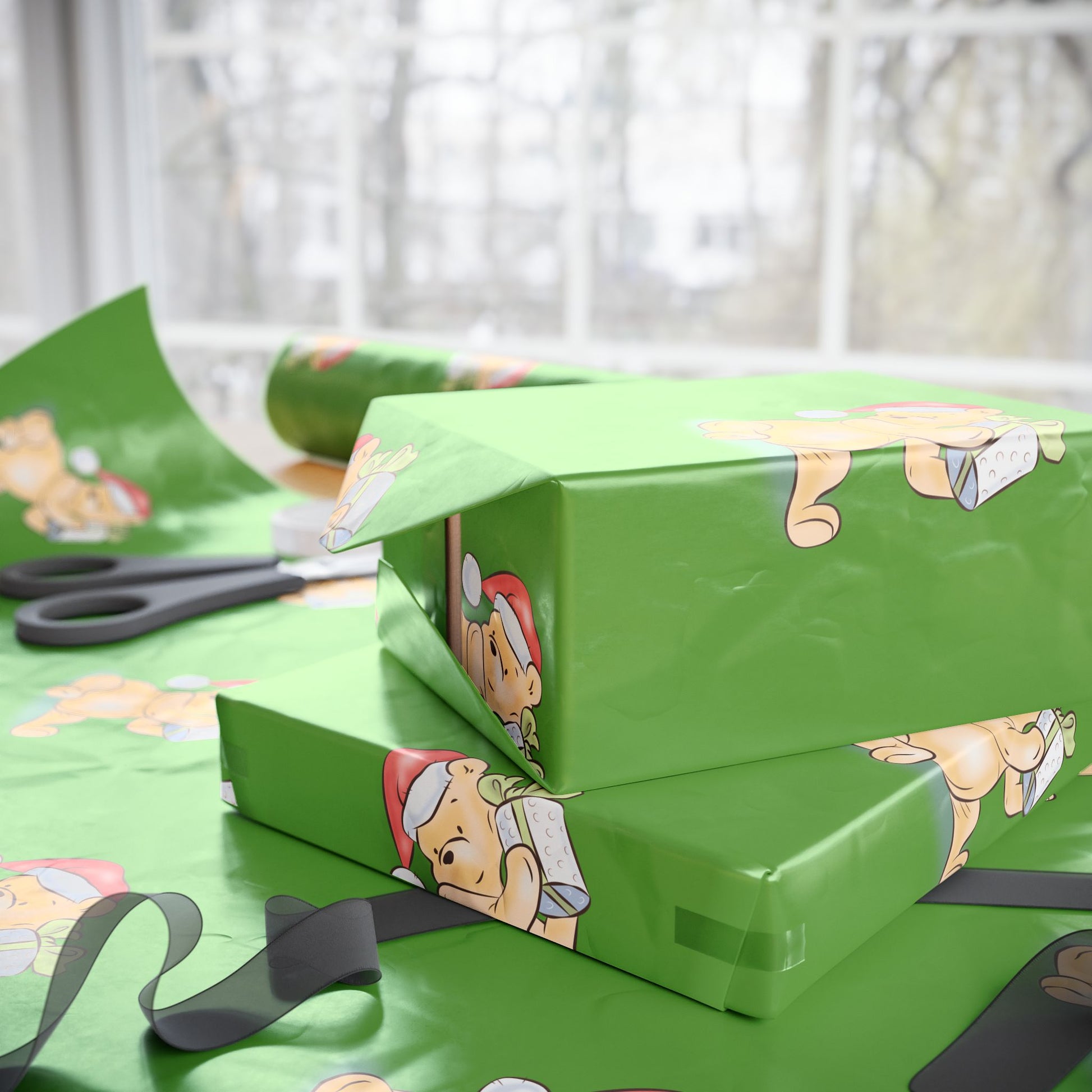 Gift Wrap - Green Classic Winnie the Pooh Watercolor Wrapping Paper, Pooh Holding a Present