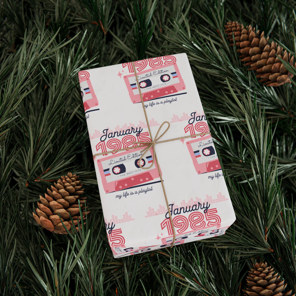 Gift Wrap - Personalized Retro Birthday Wrapping Paper, Custom Month and Year, The Best of 1985 Cassette Tape 40th Birthday