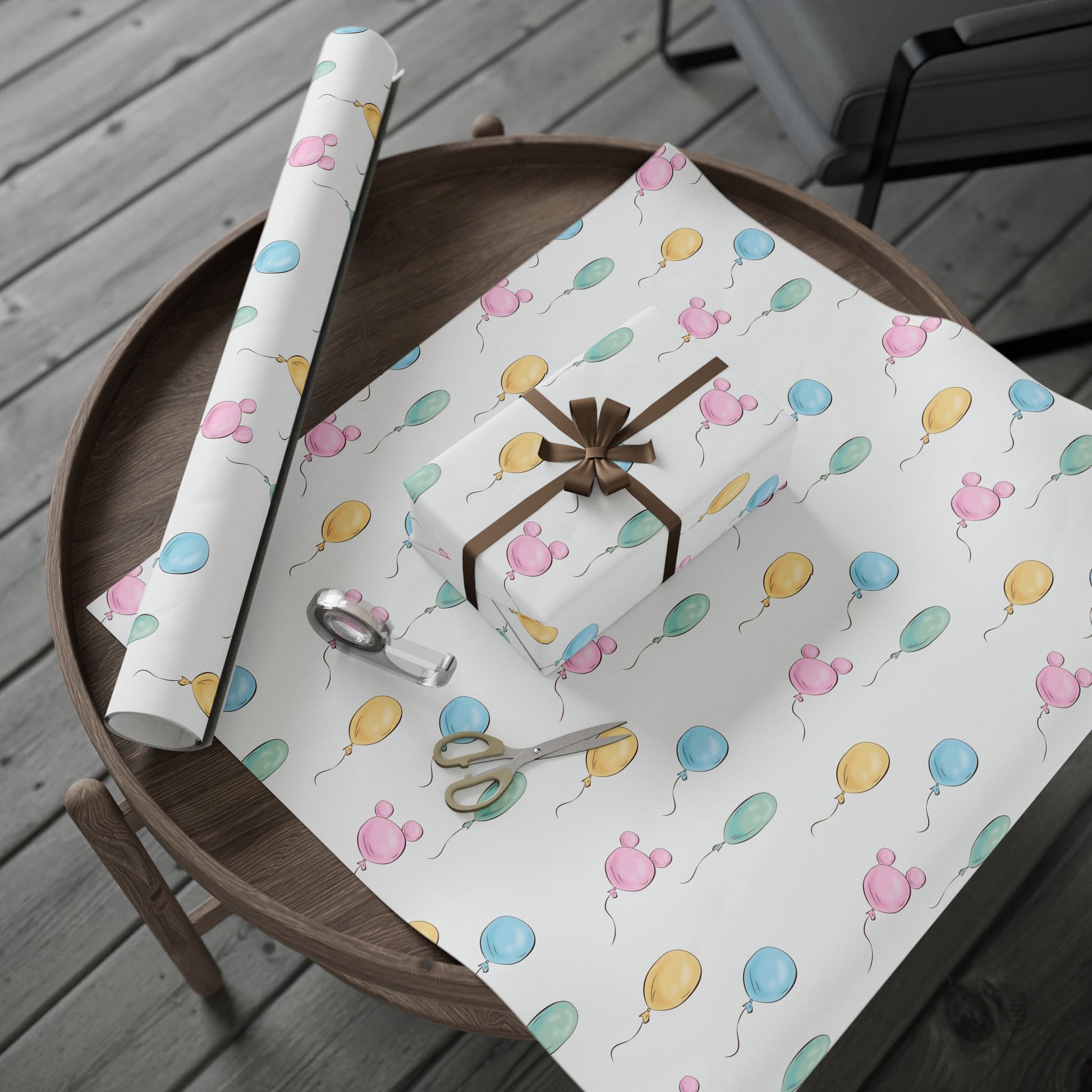 Gift Wrap -  Classic Pooh Pink Ears Blue Green Balloons
