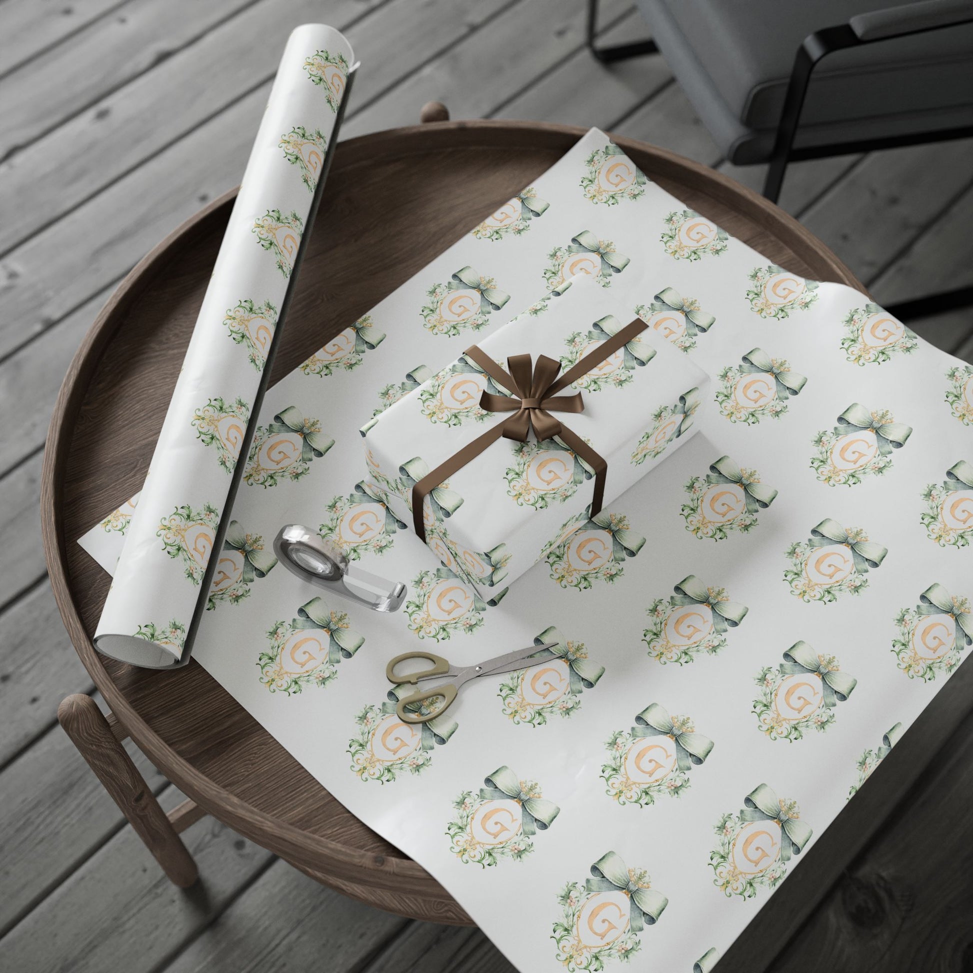 Gift Wrap, Wedding Gift Wrap, Baby Shower Green and Gold Bow Crest with Personalized Initial in Gold Wrapping Paper, Presents, Custom,Bridal