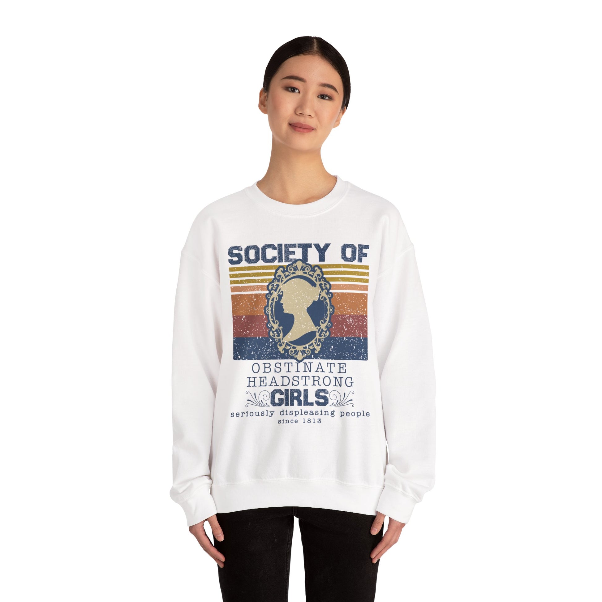 Sweatshirt, Jane Austen Silhouette, Obstinate and Head Strong Girls Crewneck, Gildan 18000, Literary Gift, Author Fan Apparel