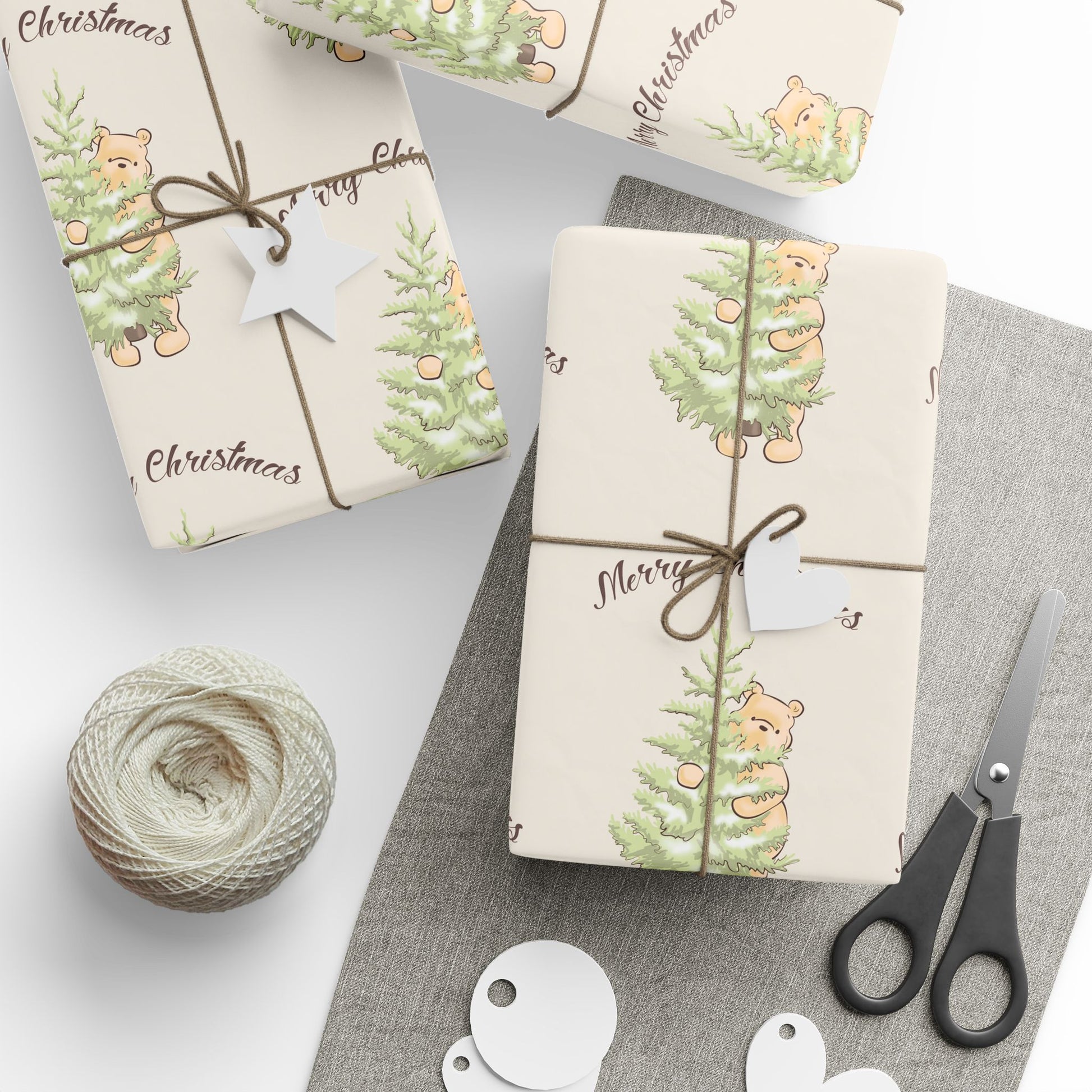 Gift Wrap - Cream Classic Winnie the Pooh Merry Christmas Wrapping Papers, Pooh holding a Snow Covered Tree