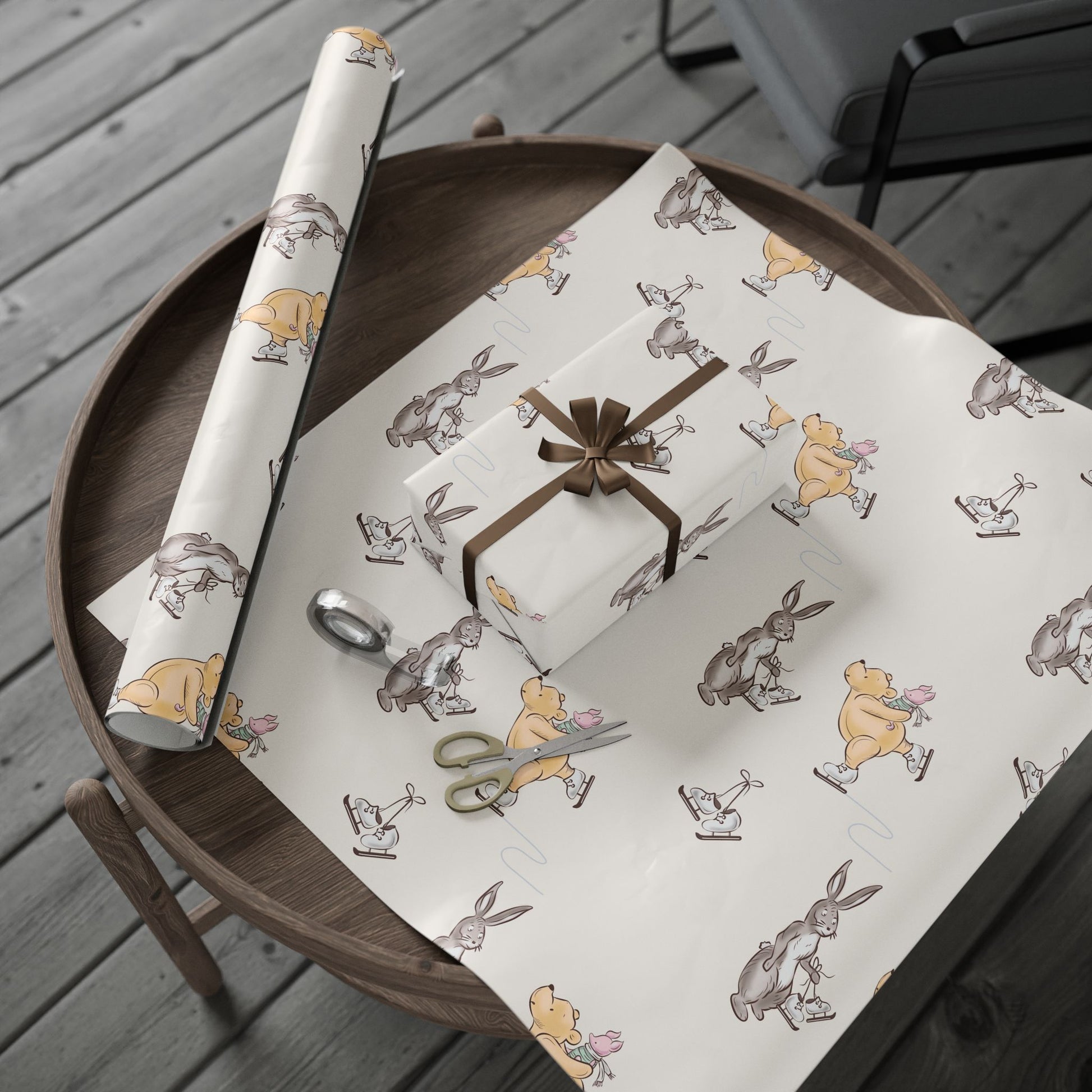 Gift Wrap - Cream Classic Winnie the Pooh with Piglet and Kanga Ice Skating