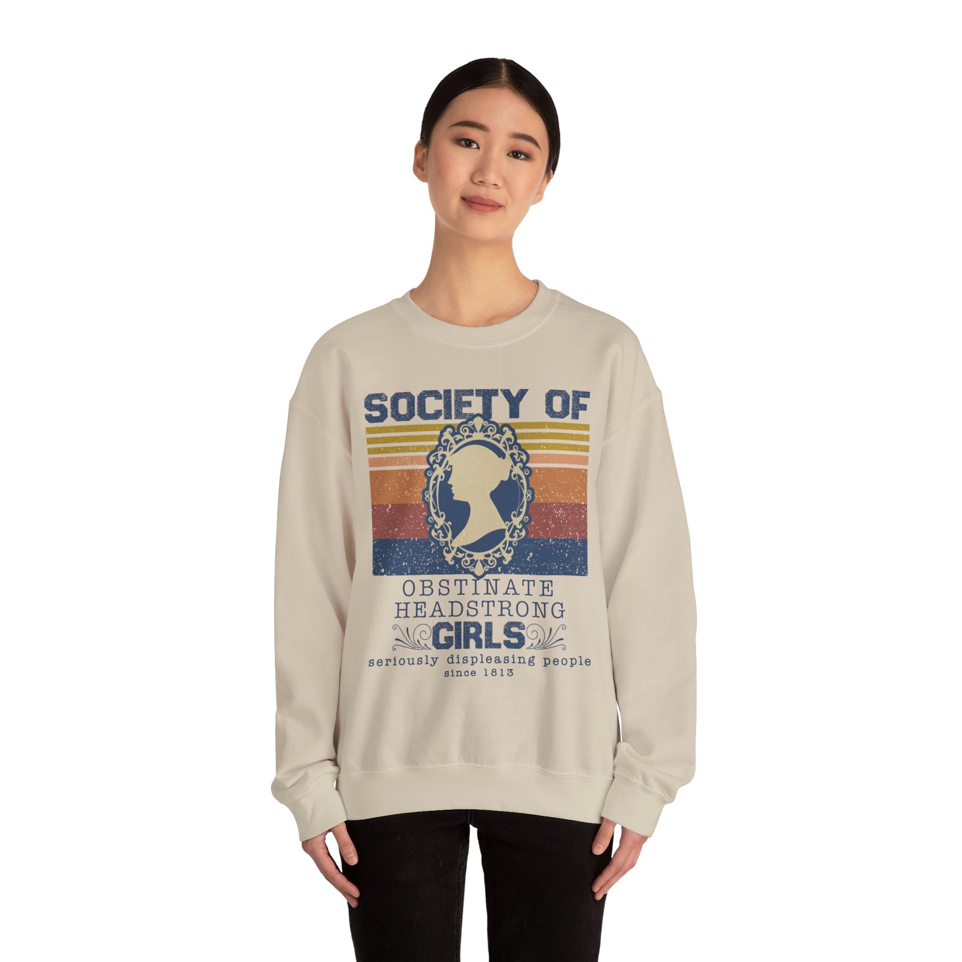 Sweatshirt, Jane Austen Silhouette, Obstinate and Head Strong Girls Crewneck, Gildan 18000, Literary Gift, Author Fan Apparel