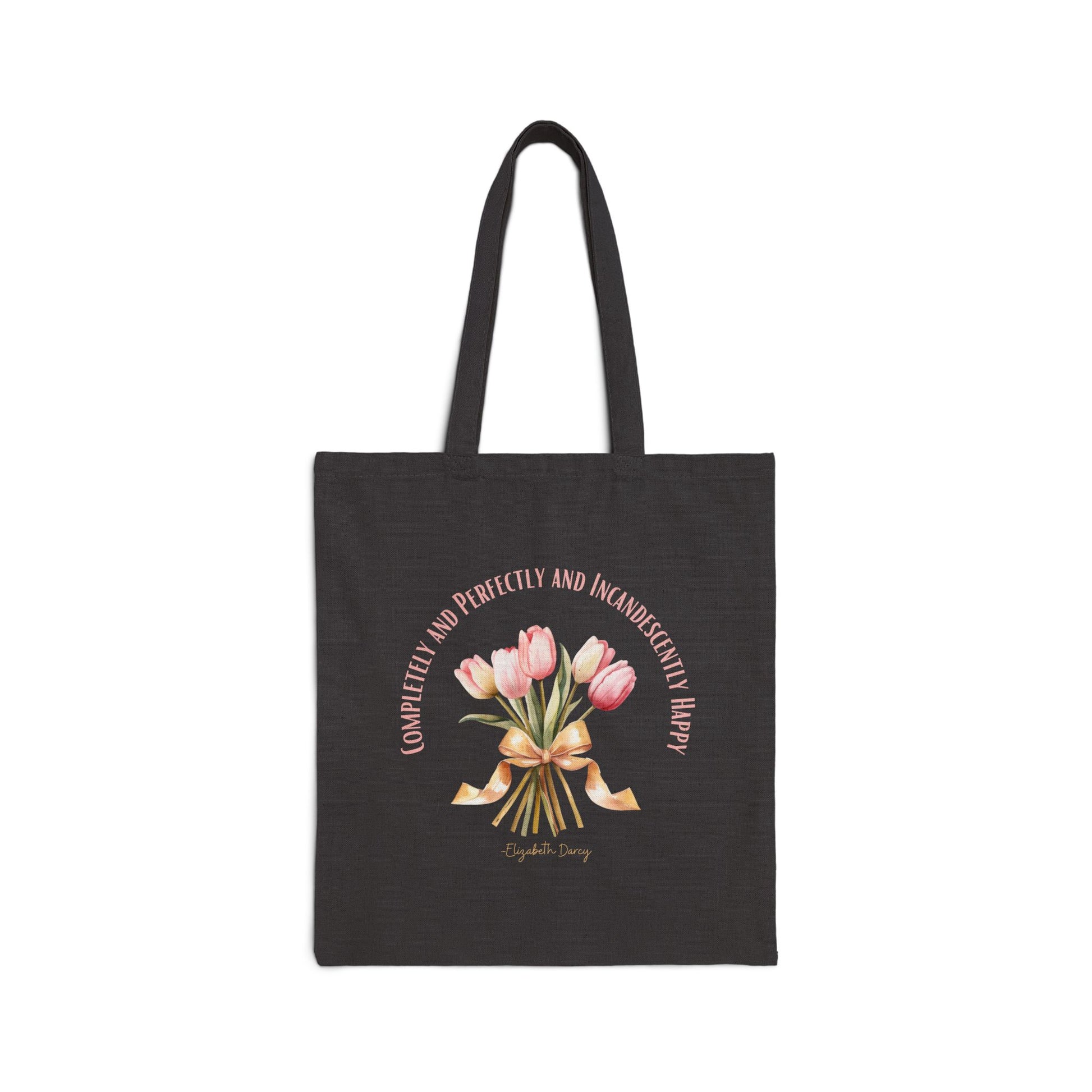Tote Bag, Literary Quote Canvas Tote Bag, Pride and Prejudice Book Bag, Elizabeth Bennet, Pink Tulip Bouquet, Gold Ribbon, Shopping Bag, Reusable