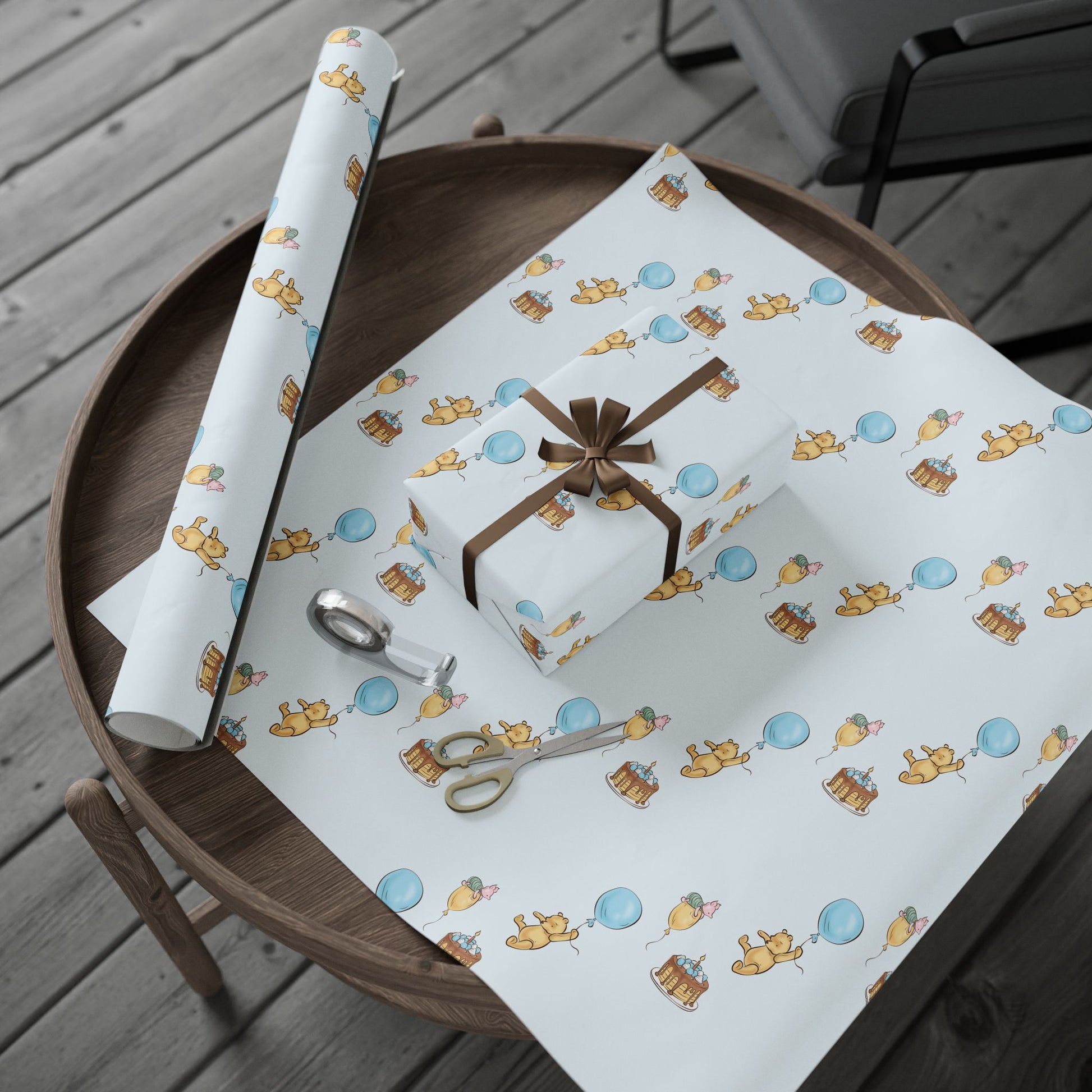 Gift Wrap - Classic Winnie the Pooh in Baby Blue with Happy Birthday, Pooh, Piglet, Balloons, a Cake on a Table with a Candle