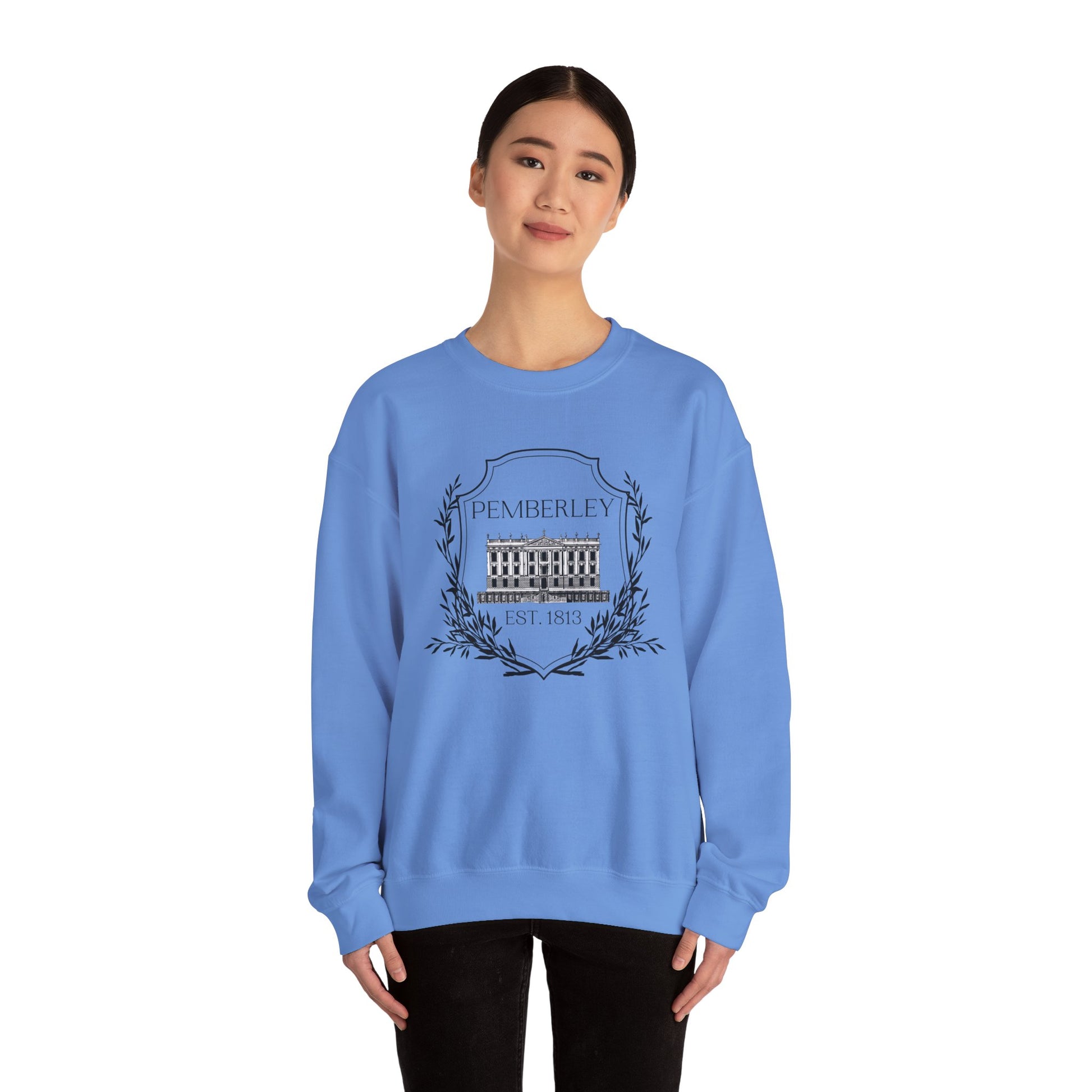 Sweatshirt, Pemberley Dark Crest Sweatshirt, Pride and Prejudice Gift, Unisex Crewneck Jumper, Mr. Darcy's Estate, Regency Literature Top, Book Lover