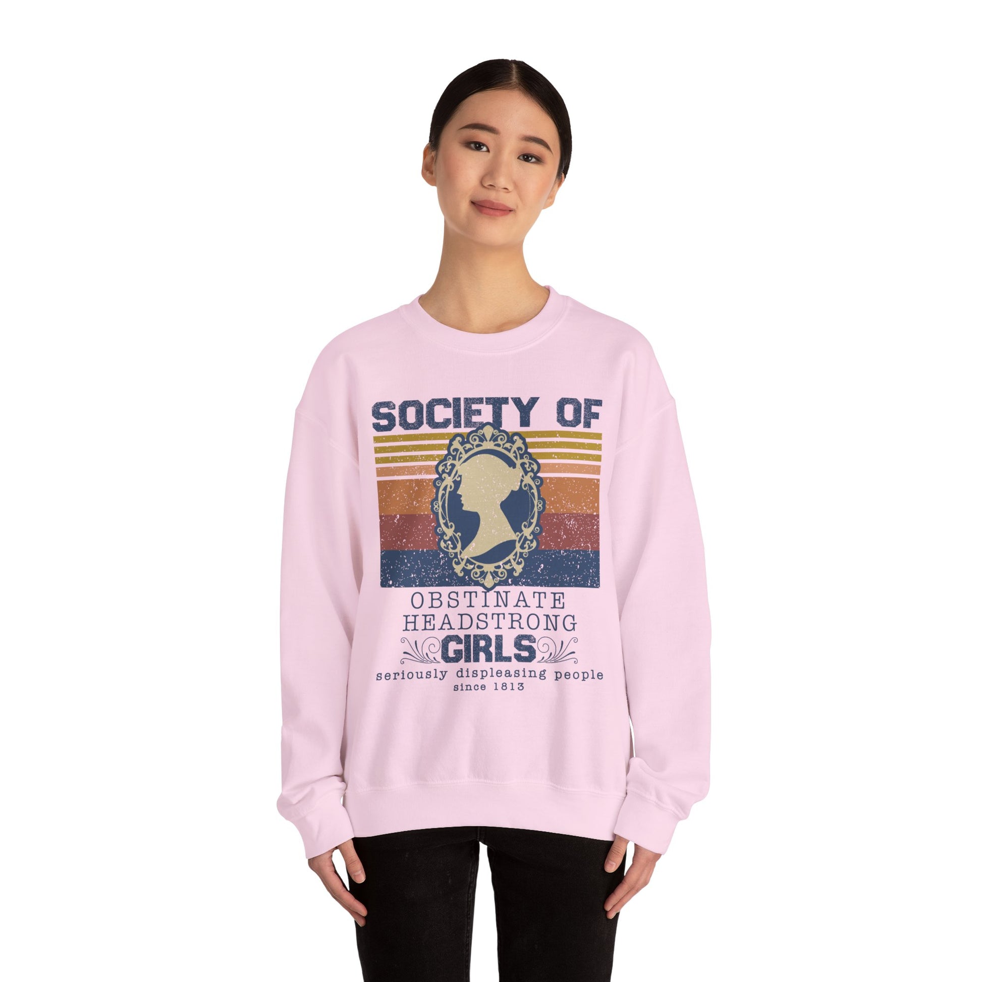 Sweatshirt, Jane Austen Silhouette, Obstinate and Head Strong Girls Crewneck, Gildan 18000, Literary Gift, Author Fan Apparel