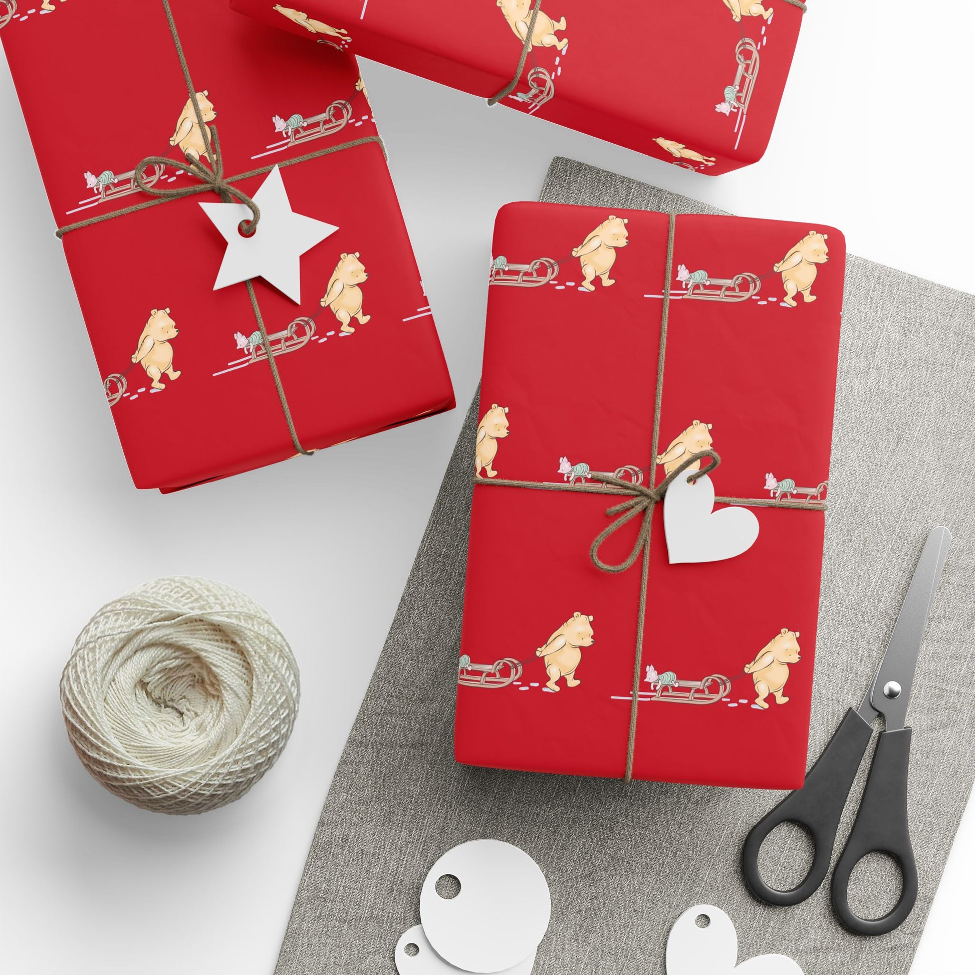 Gift Wrap - Classic Winnie the Pooh Deep Red Wrapping Paper Roll of Pooh Pulling a Sled