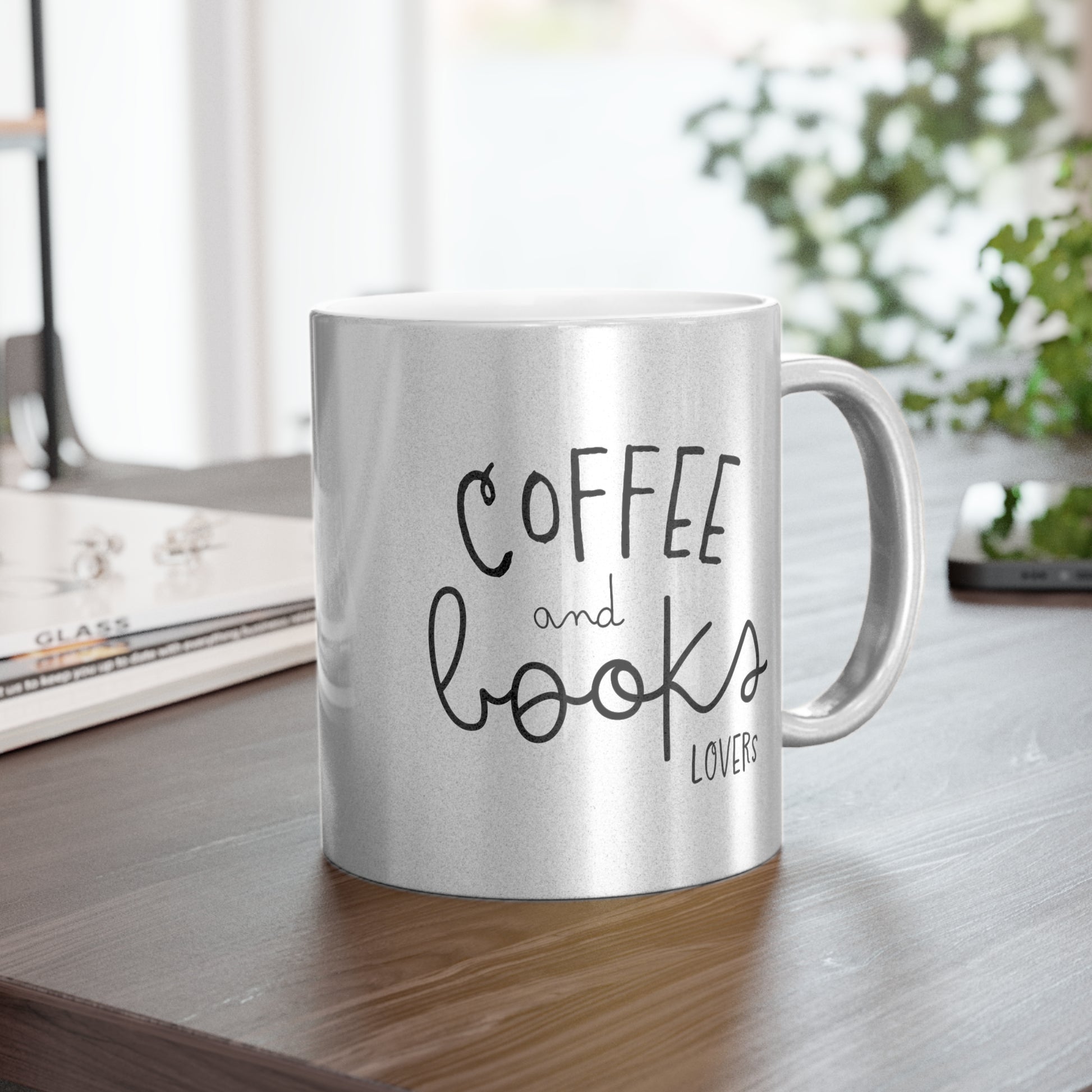 Mug, Coffee and Book Lover Metallic Mug, Silver Gold Cup, Reading Enthusiast Gift, Stylish Drinkware, Bookworm Present,Bookish,Teacher Book Gift
