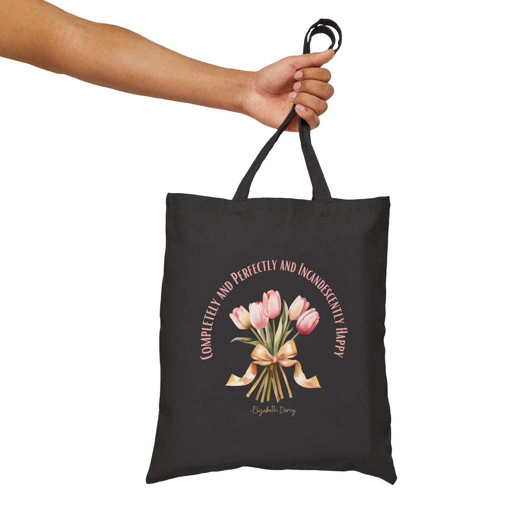 Tote Bag, Literary Quote Canvas Tote Bag, Pride and Prejudice Book Bag, Elizabeth Bennet, Pink Tulip Bouquet, Gold Ribbon, Shopping Bag, Reusable