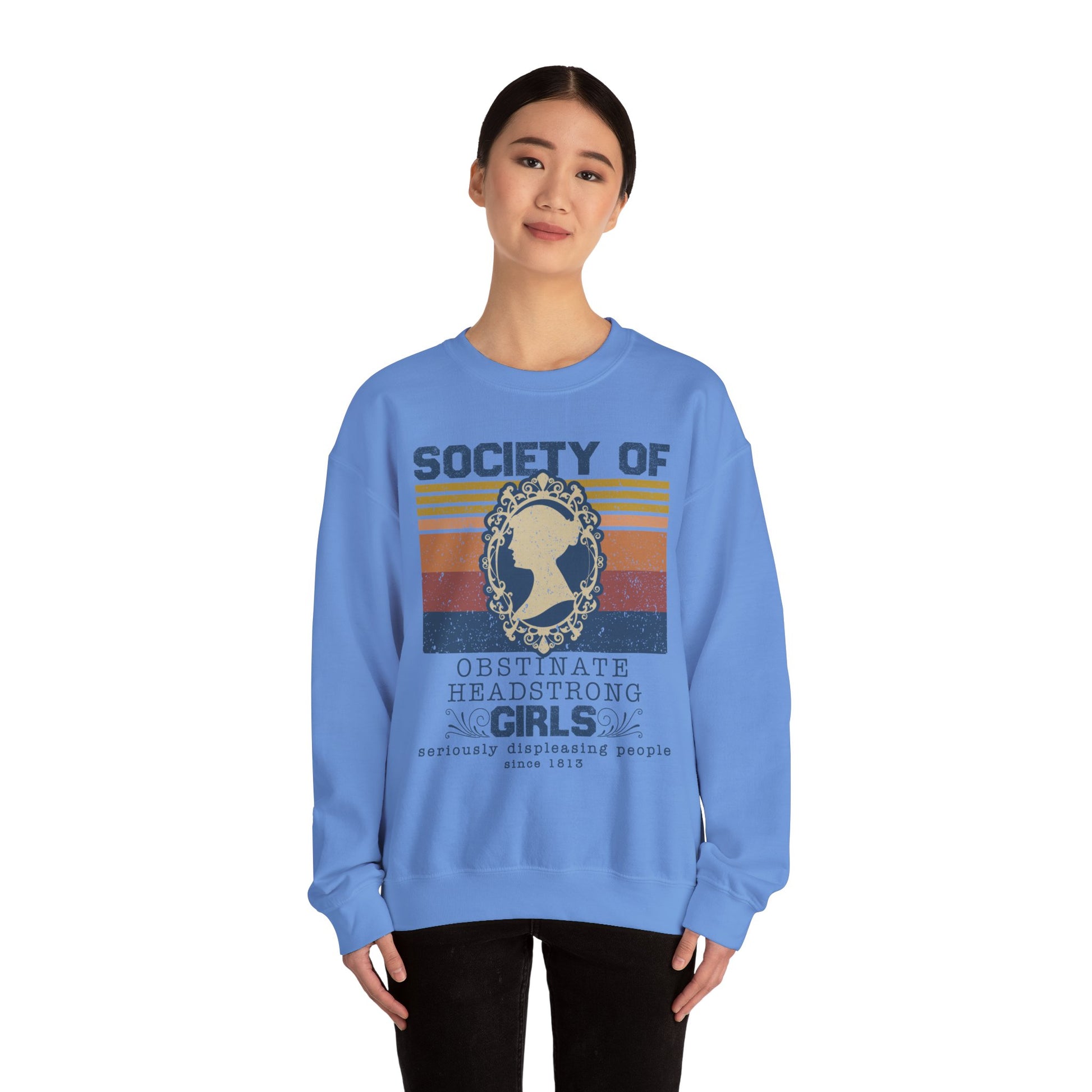 Sweatshirt, Jane Austen Silhouette, Obstinate and Head Strong Girls Crewneck, Gildan 18000, Literary Gift, Author Fan Apparel