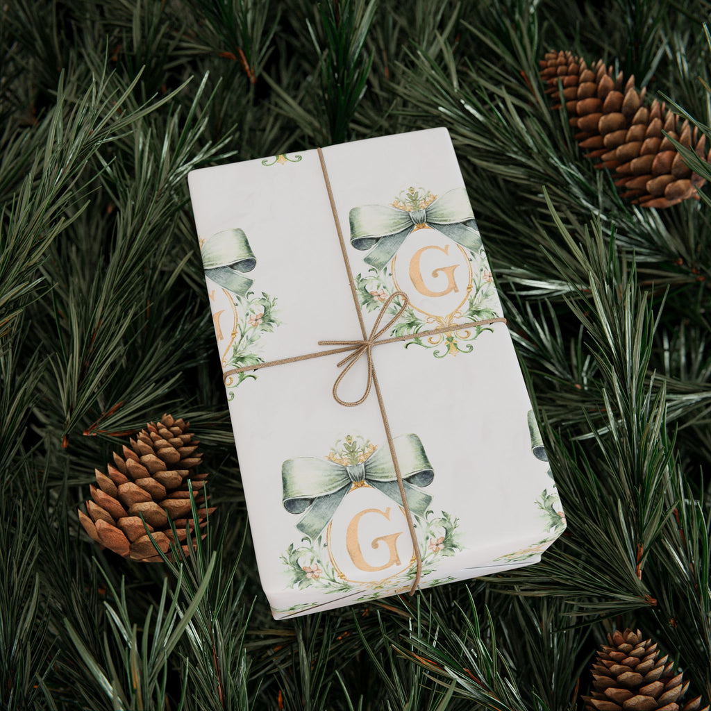 Gift Wrap, Wedding Gift Wrap, Baby Shower Green and Gold Bow Crest with Personalized Initial in Gold Wrapping Paper, Presents, Custom,Bridal