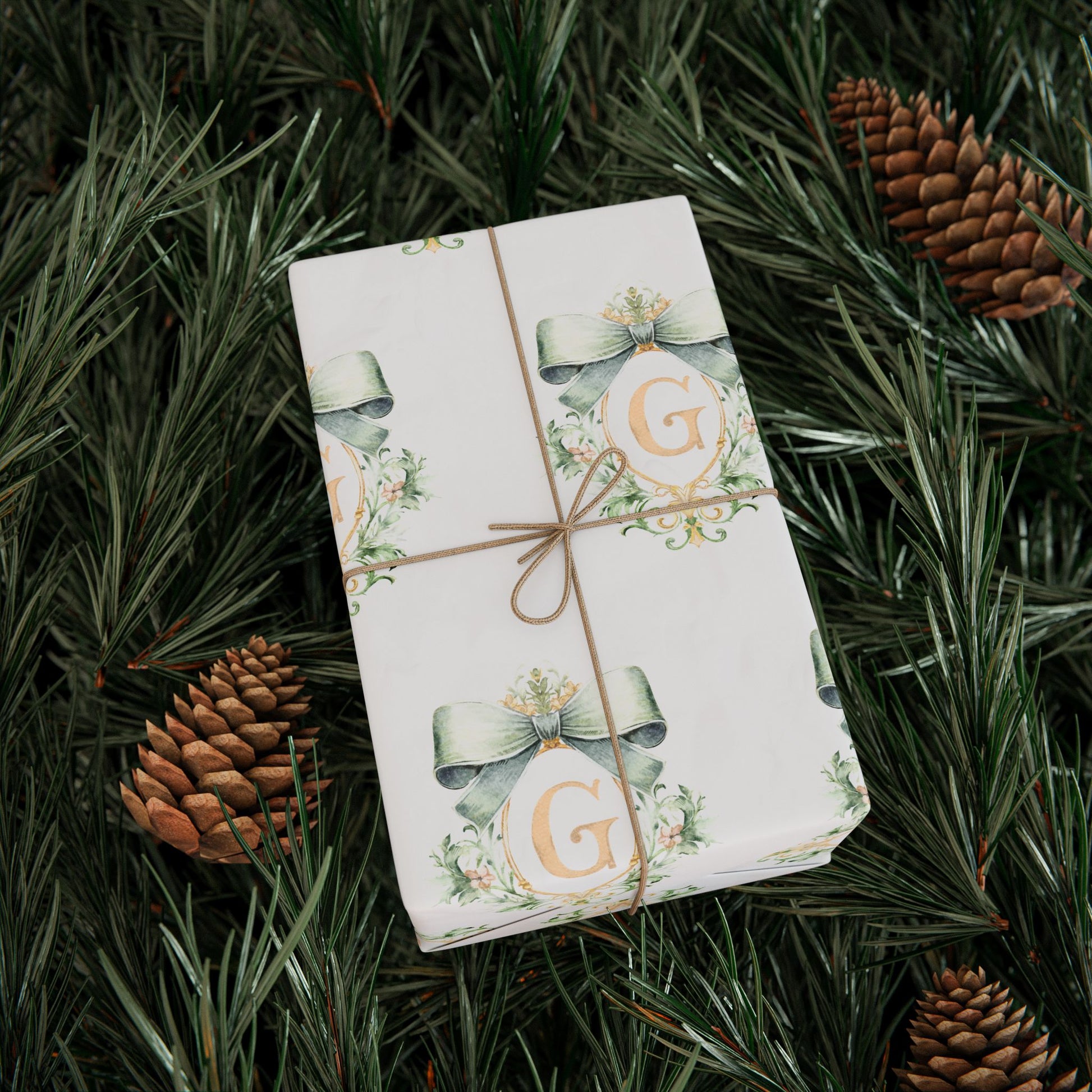 Gift Wrap, Wedding Gift Wrap, Baby Shower Green and Gold Bow Crest with Personalized Initial in Gold Wrapping Paper, Presents, Custom,Bridal
