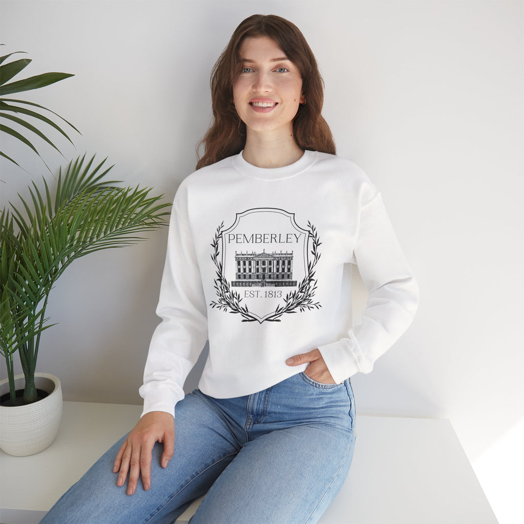 Sweatshirt, Pemberley Dark Crest Sweatshirt, Pride and Prejudice Gift, Unisex Crewneck Jumper, Mr. Darcy's Estate, Regency Literature Top, Book Lover