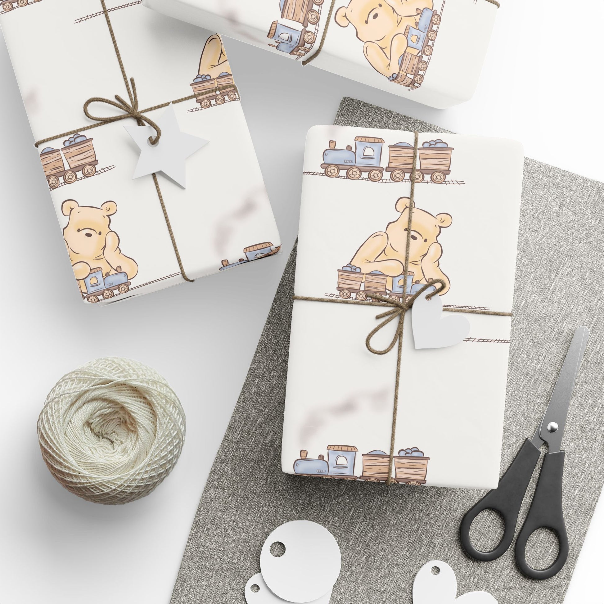 Gift Wrap - Cream Classic Winnie the Pooh playing with a train set