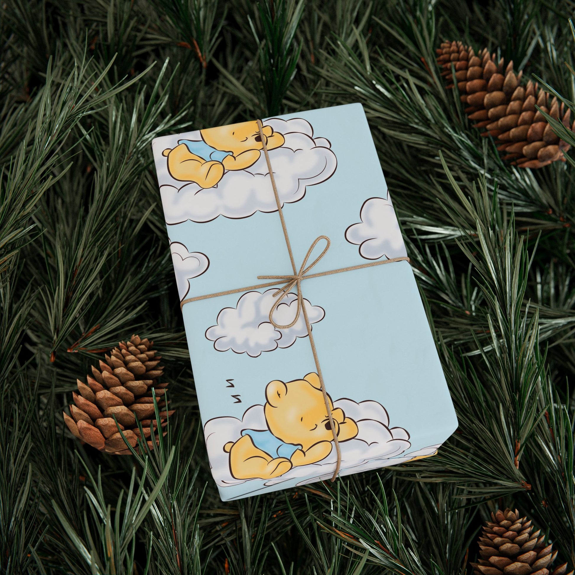 Gift Wrap - Blue Baby Classic Winnie the Pooh in a Blue Shirt on a Cloud