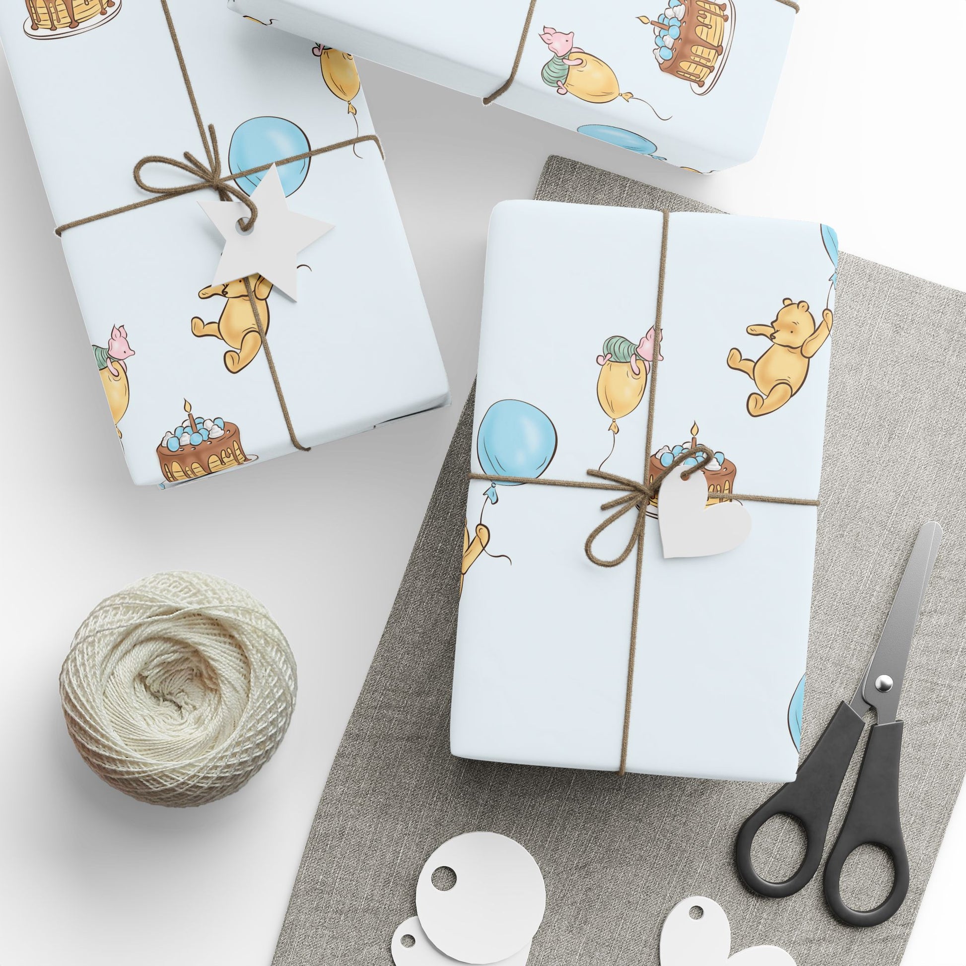 Gift Wrap - Classic Winnie the Pooh in Baby Blue with Happy Birthday, Pooh, Piglet, Balloons, a Cake on a Table with a Candle