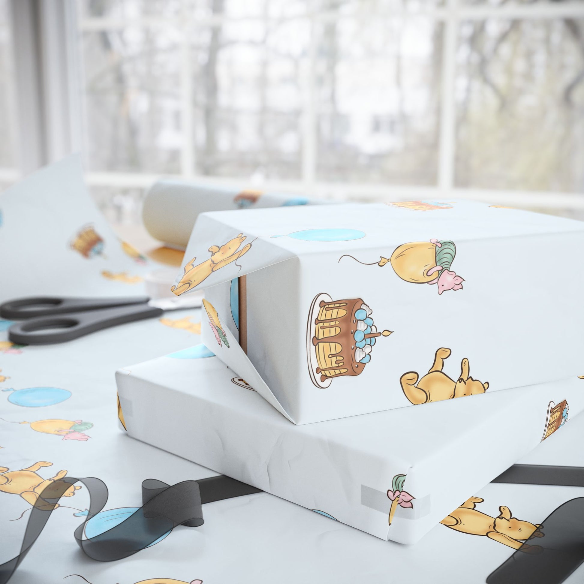 Gift Wrap - Classic Winnie the Pooh in Baby Blue with Happy Birthday, Pooh, Piglet, Balloons, a Cake on a Table with a Candle