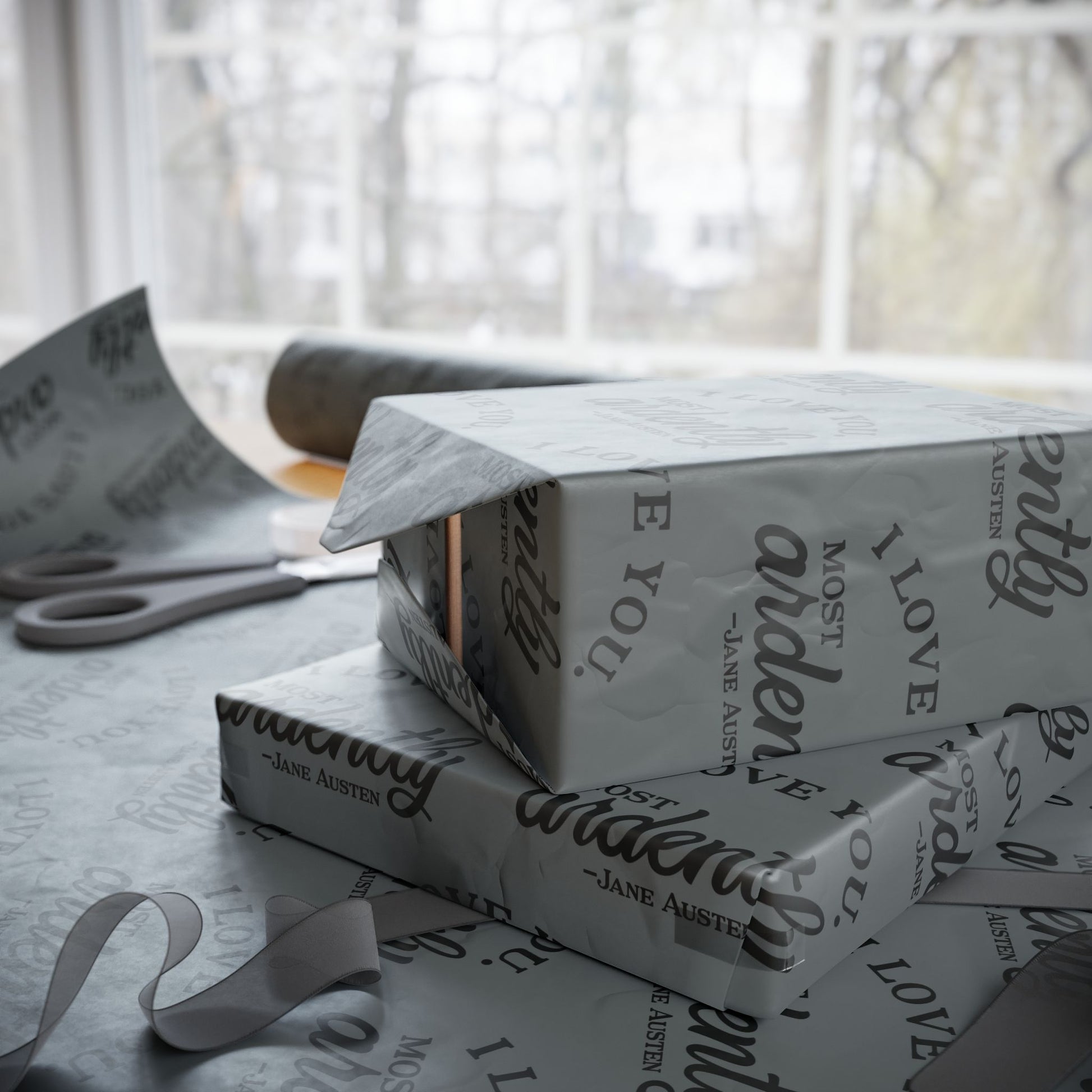 Gift Wrap - Grey Jane Austen Quote; Pride and Prejudice, Mr Darcy, I Love You Most Ardently
