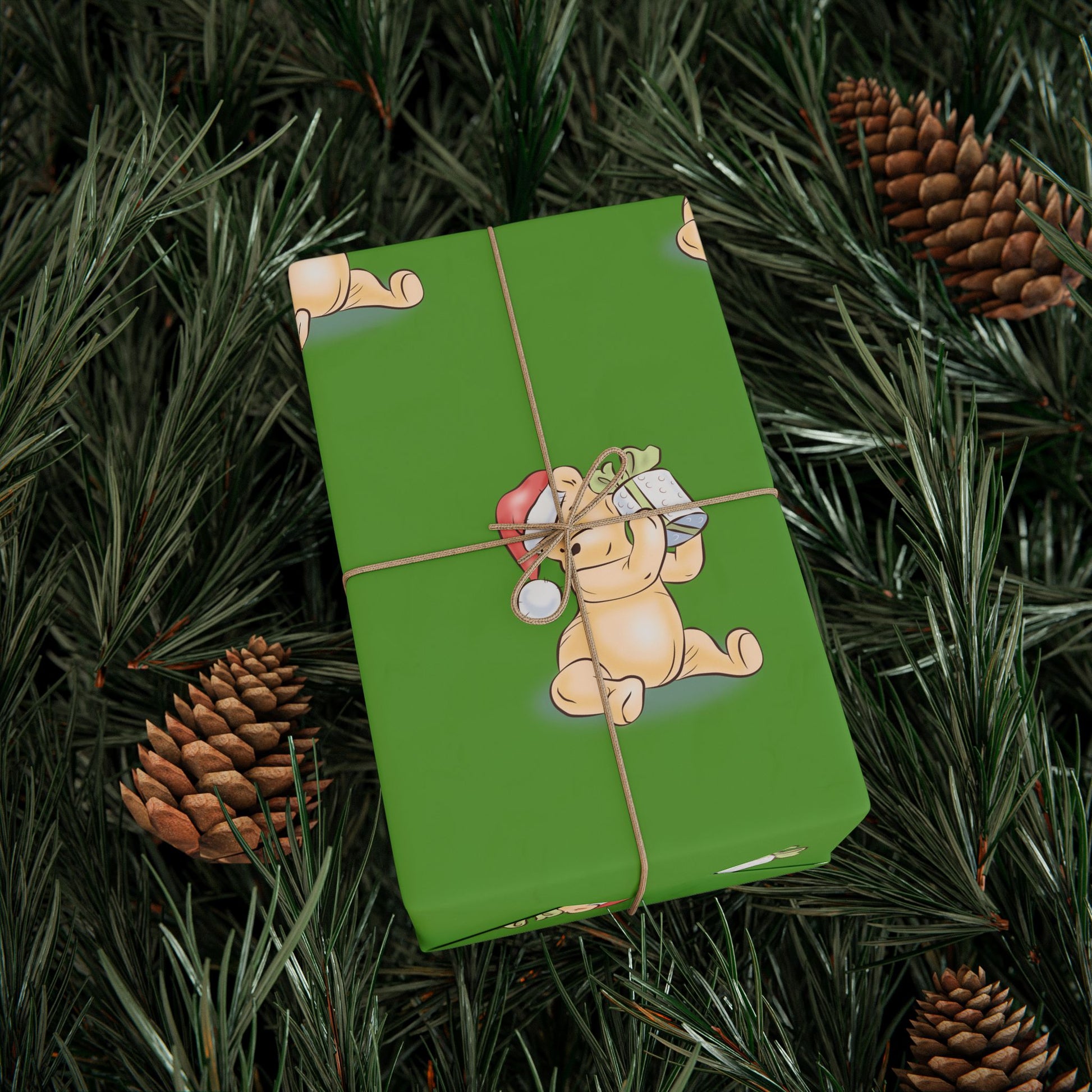 Gift Wrap - Green Classic Winnie the Pooh Watercolor Wrapping Paper, Pooh Holding a Present