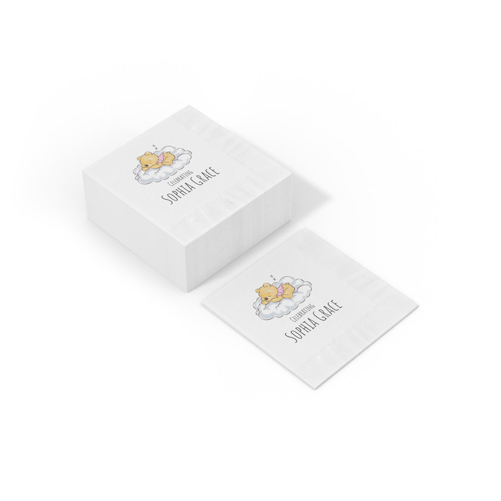 Custom Cocktail Napkins, Classic Winnie the Pooh Baby Personalized Custom, Announcement Birthday Baby Shower, White Coined, Name of Baby