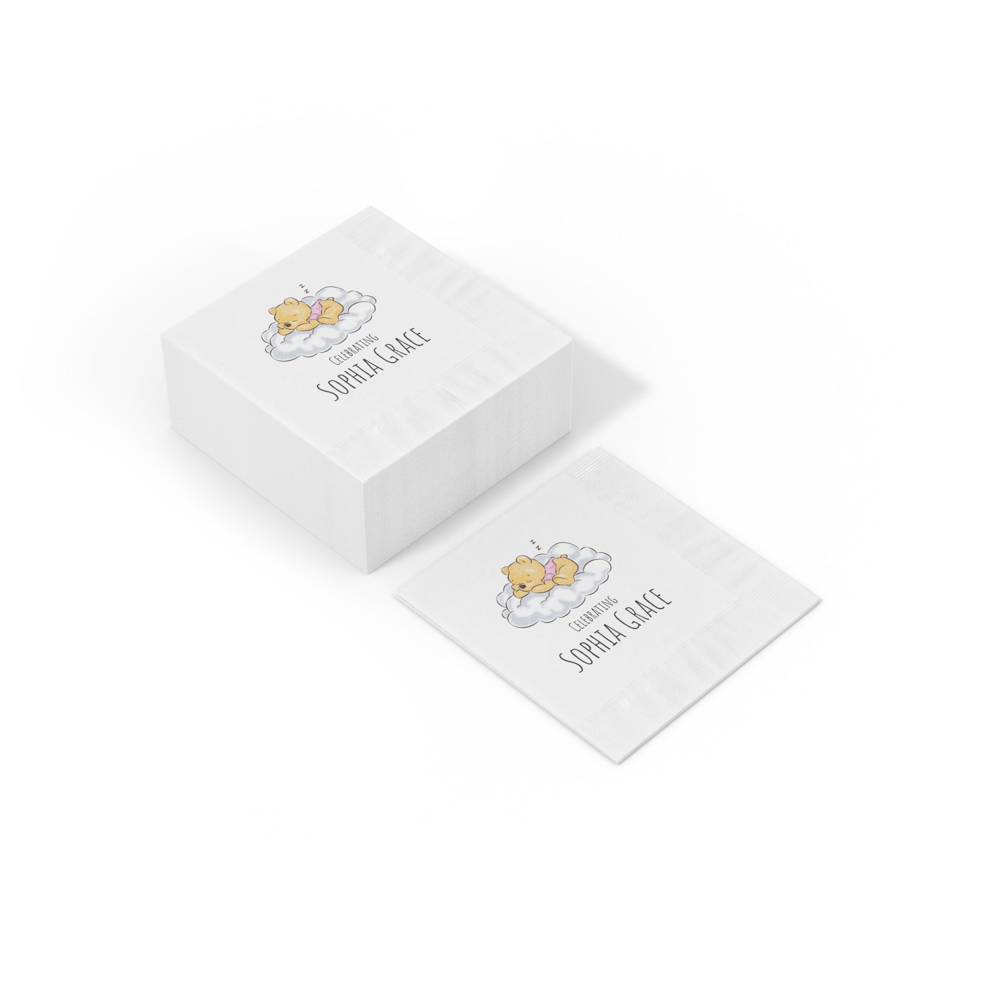 Custom Cocktail Napkins, Classic Winnie the Pooh Baby Personalized Custom, Announcement Birthday Baby Shower, White Coined, Name of Baby