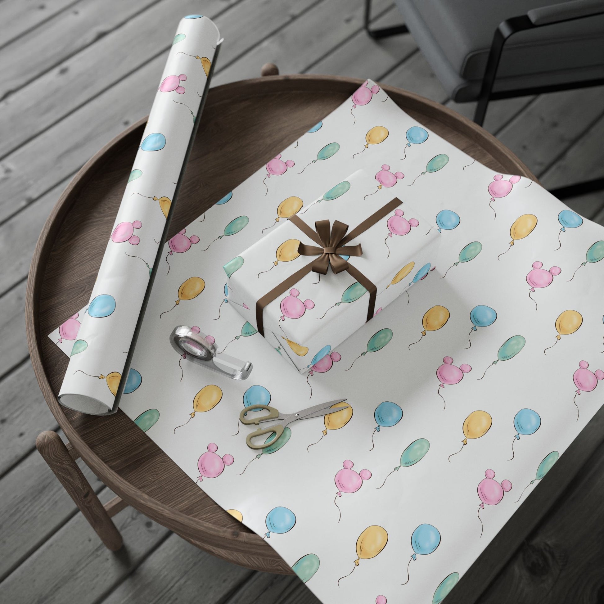 Gift Wrap -  Classic Pooh Pink Ears Blue Green Balloons