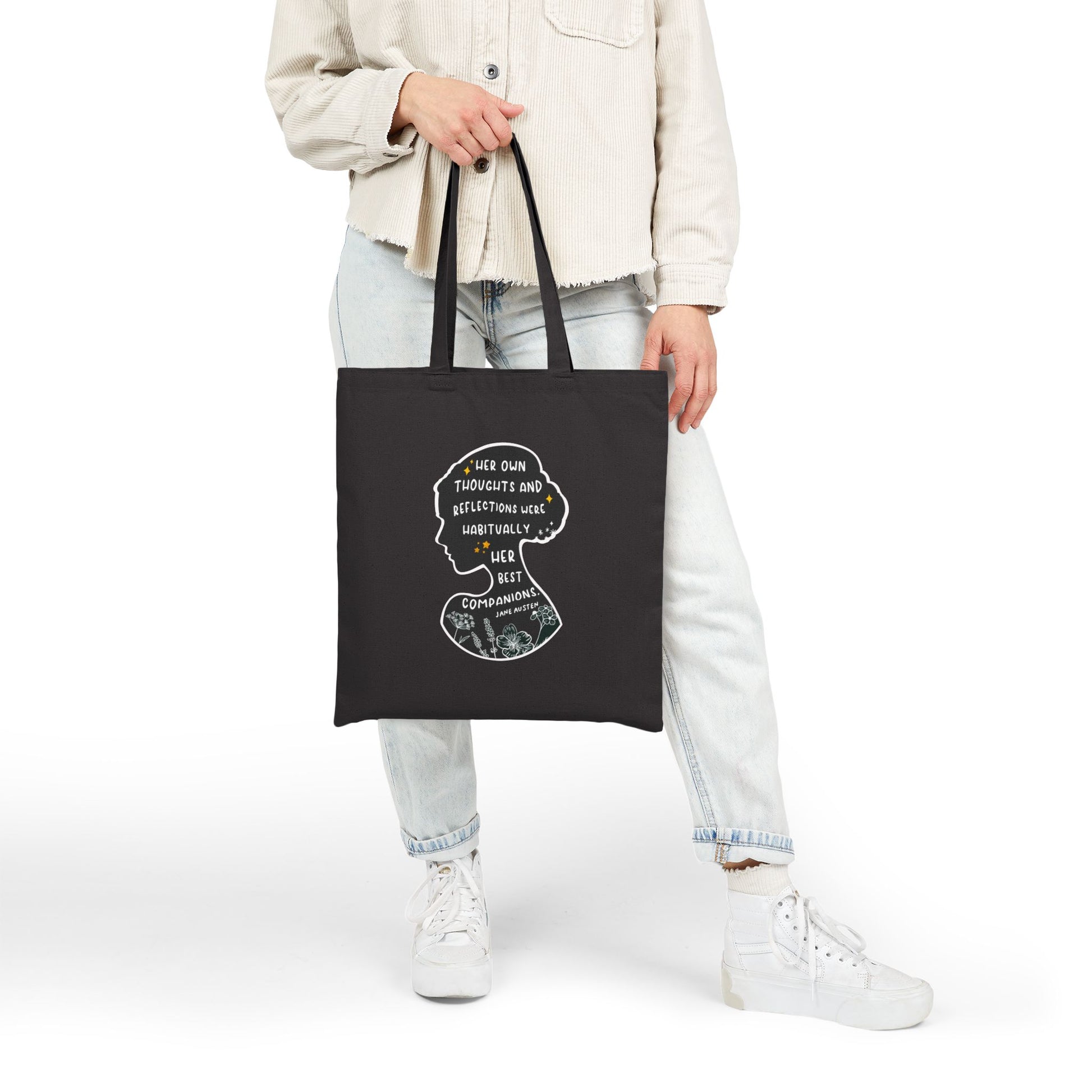 Tote Bag, Jane Austen Silhouette Cotton Canvas Tote Bag - Literary Quote, Book Lovers Gift, Floral Design, Black or Natural Tote, Women's Fashion