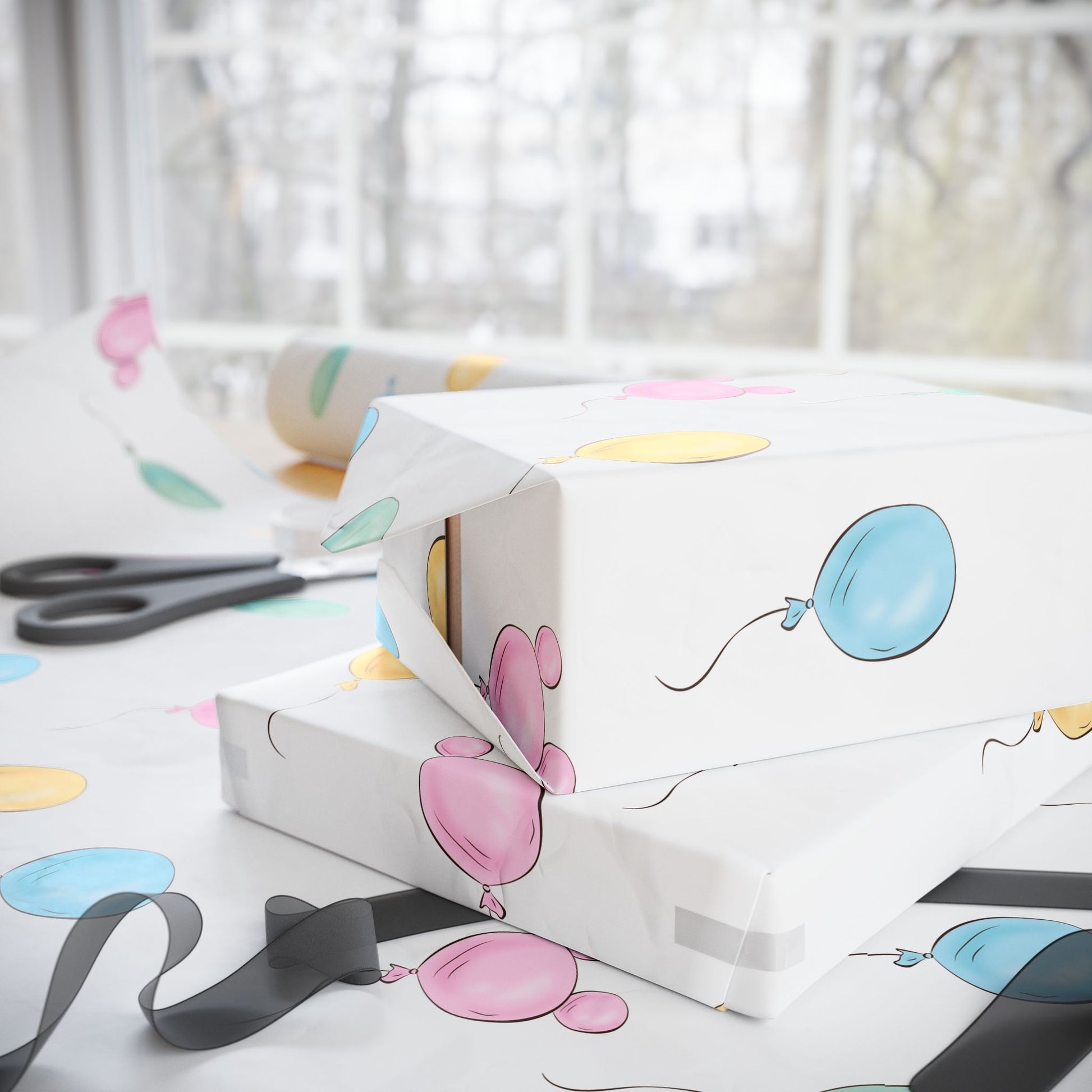 Gift Wrap -  Classic Pooh Pink Ears Blue Green Balloons