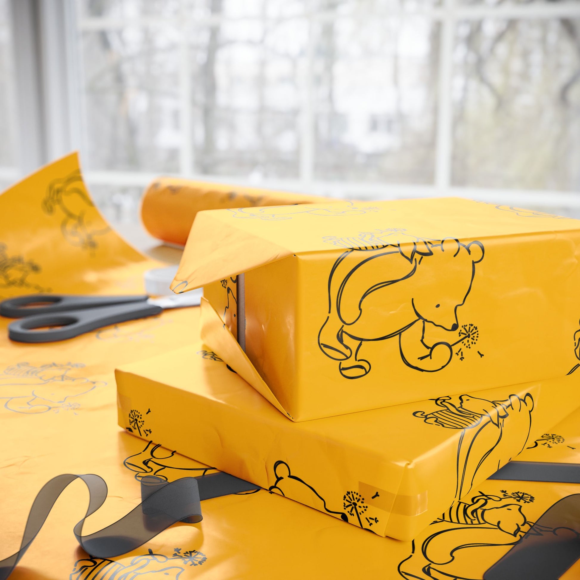Gift Wrap - Yellow Classic Winnie the Pooh and Piglet Blowing Dandelions