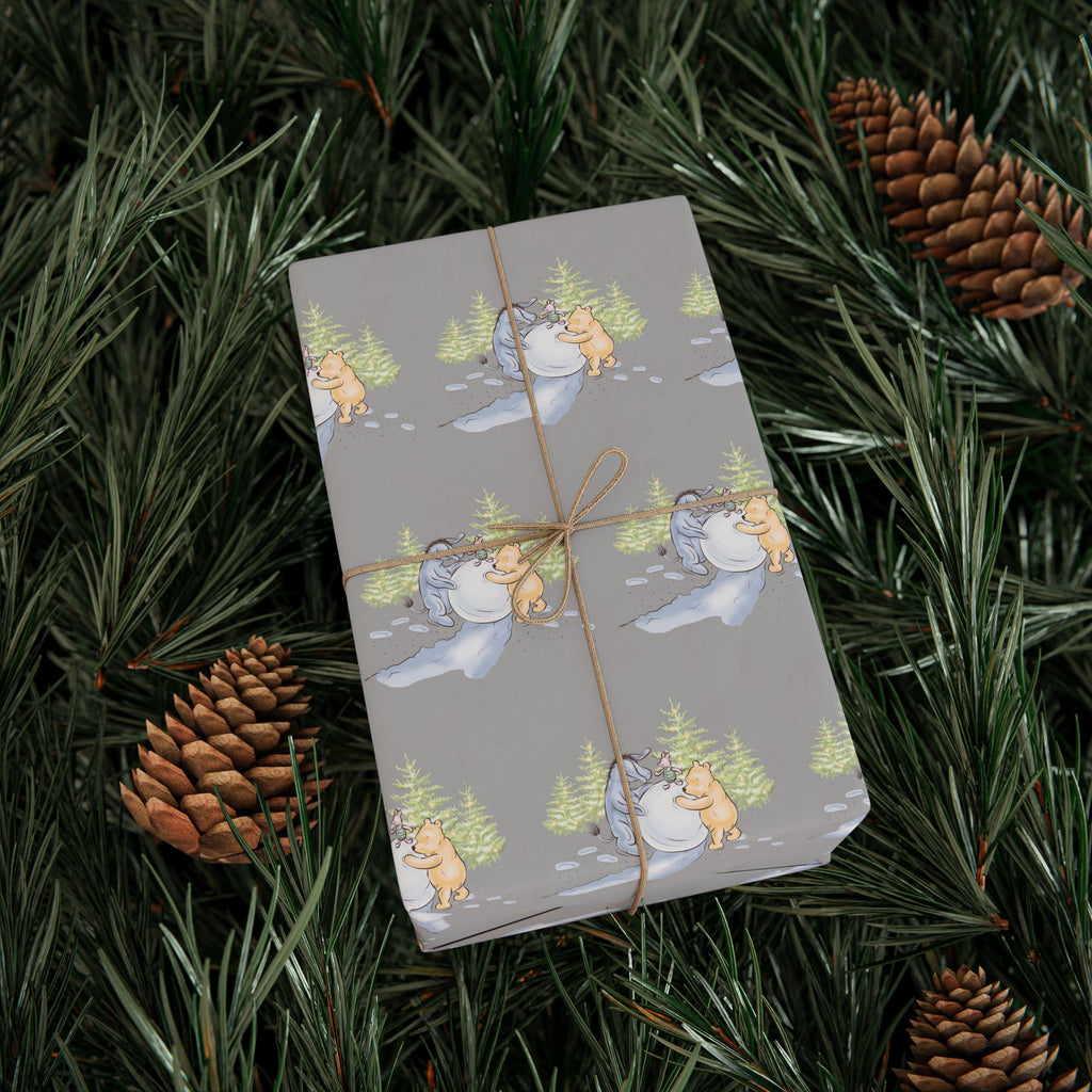 Gift Wrap - Gray Classic Winnie the Pooh Wrapping Paper, Pooh and Eeyore Rolling a Snowball