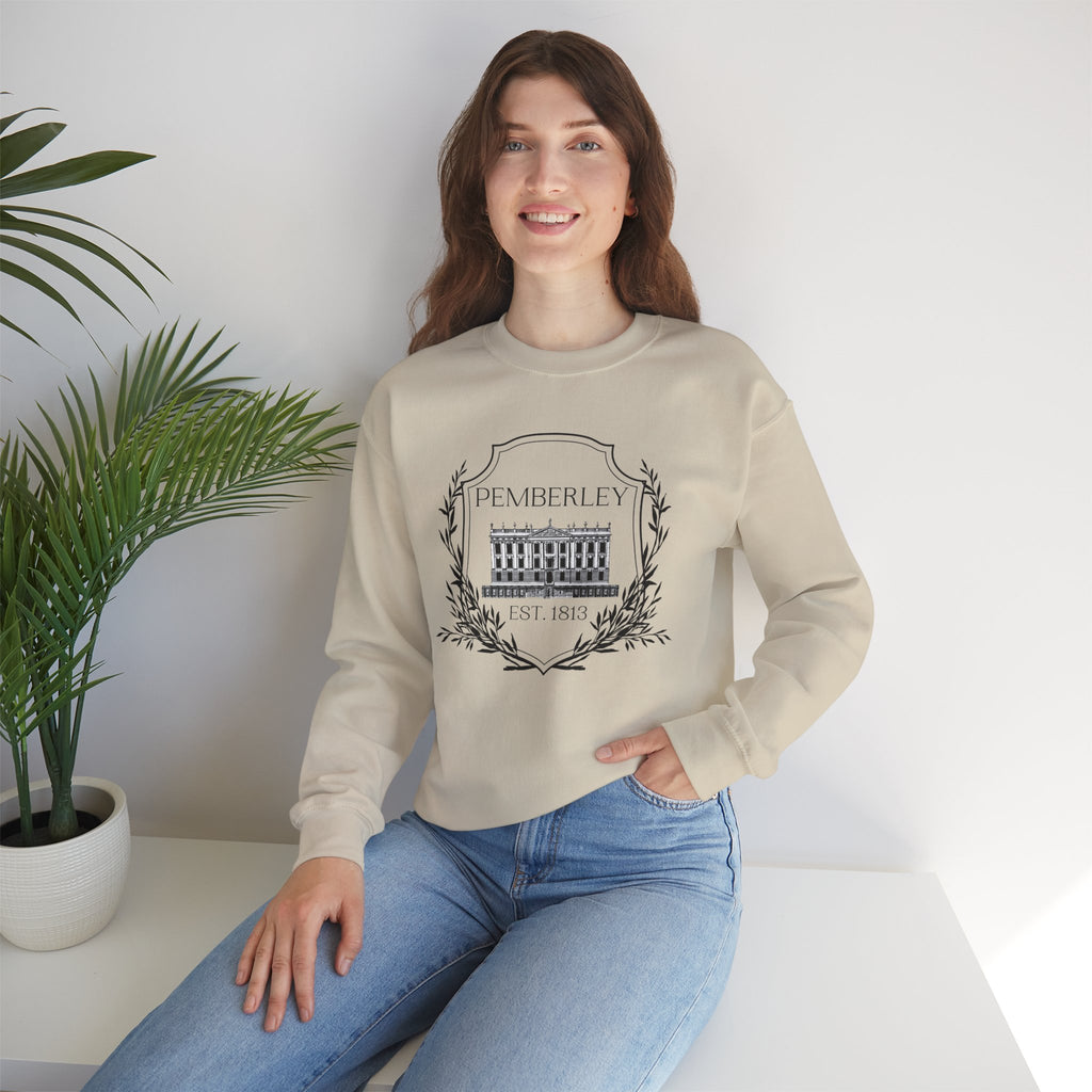 Sweatshirt, Pemberley Dark Crest Sweatshirt, Pride and Prejudice Gift, Unisex Crewneck Jumper, Mr. Darcy's Estate, Regency Literature Top, Book Lover
