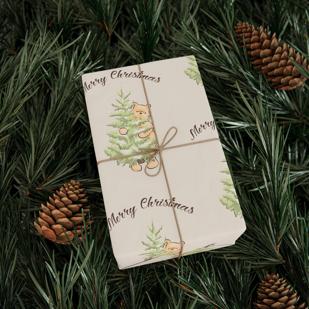 Gift Wrap - Cream Classic Winnie the Pooh Merry Christmas Wrapping Papers, Pooh holding a Snow Covered Tree