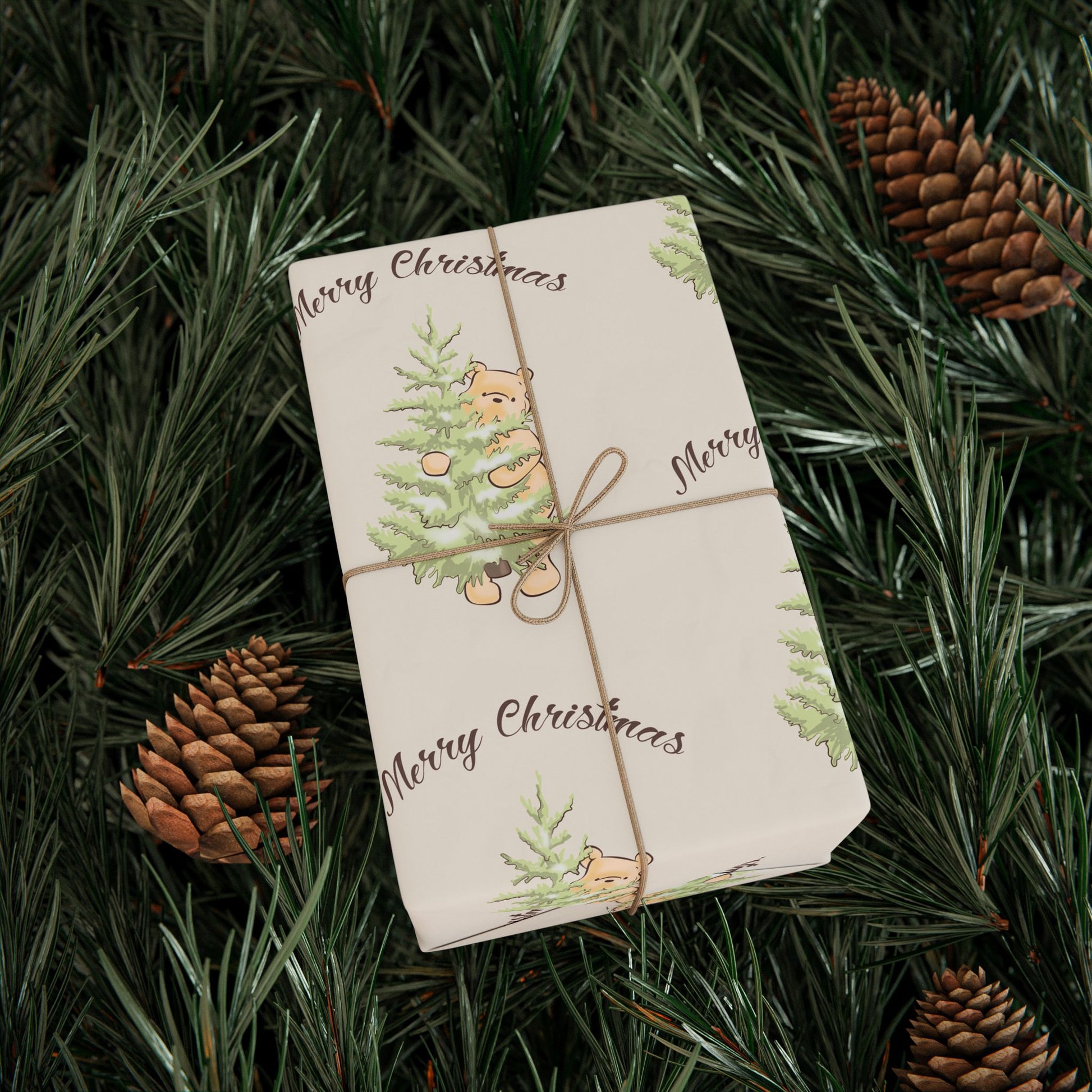 Gift Wrap - Cream Classic Winnie the Pooh Merry Christmas Wrapping Papers, Pooh holding a Snow Covered Tree