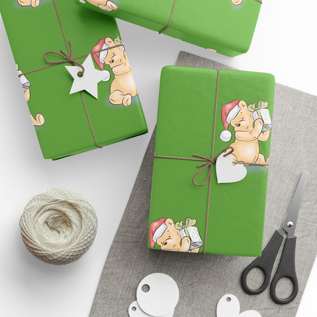 Gift Wrap - Green Classic Winnie the Pooh Watercolor Wrapping Paper, Pooh Holding a Present