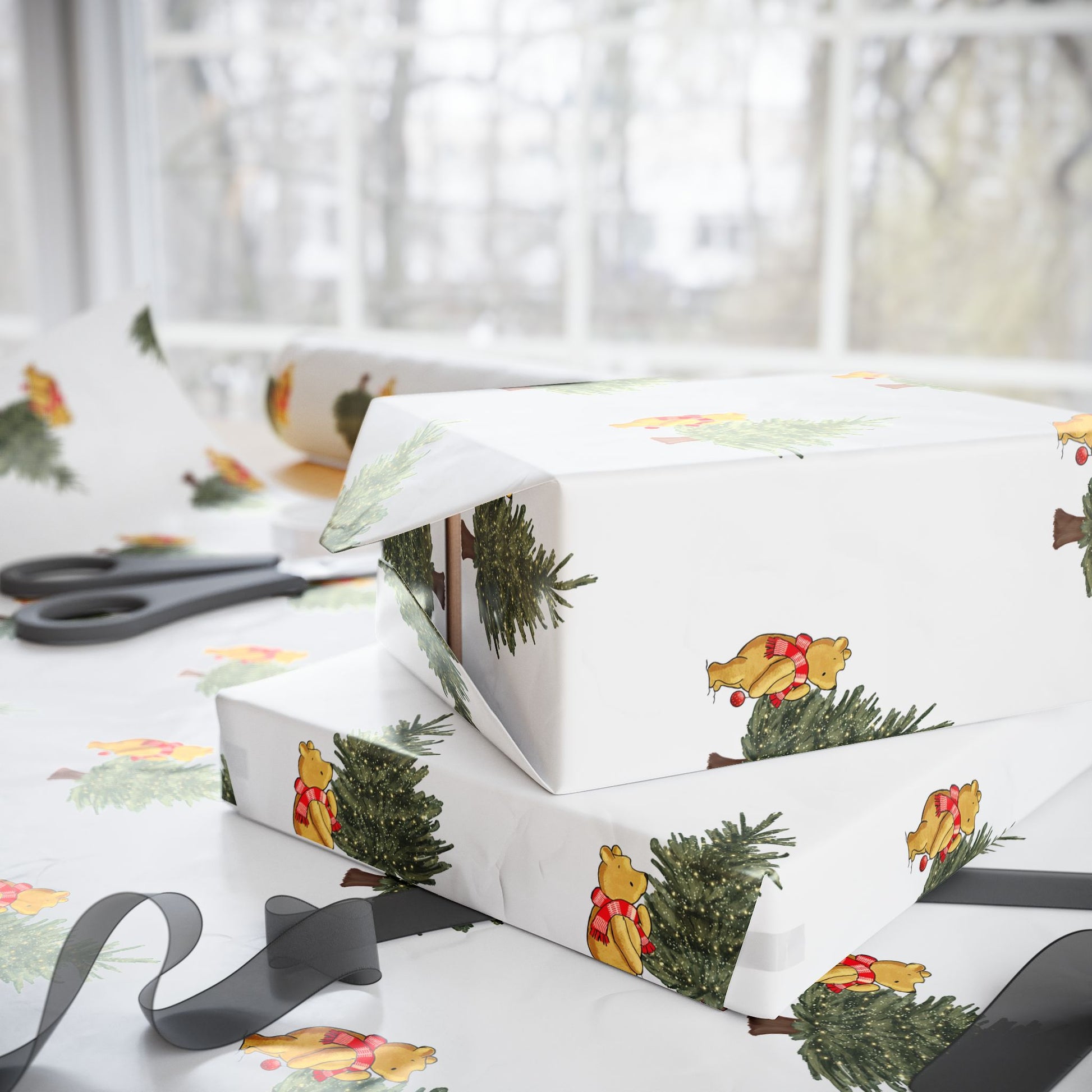 Gift Wrap - Classic Winnie the Pooh White Wrapping Paper with Tree with Lights
