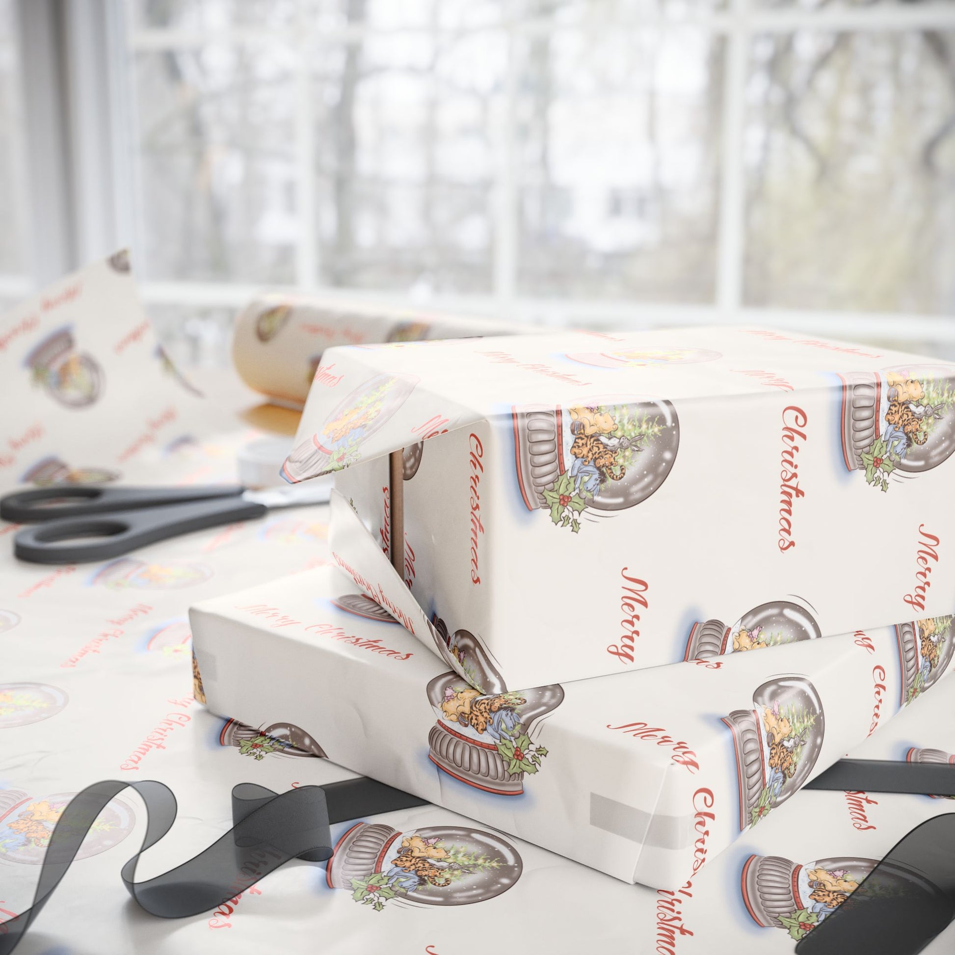 Gift Wrap - Classic Winnie the Pooh Cream Merry Christmas Wrapping Paper with Pooh, Piglet, Eeyore, Kanga, Tigger, and Rabbit in a Snow Globe