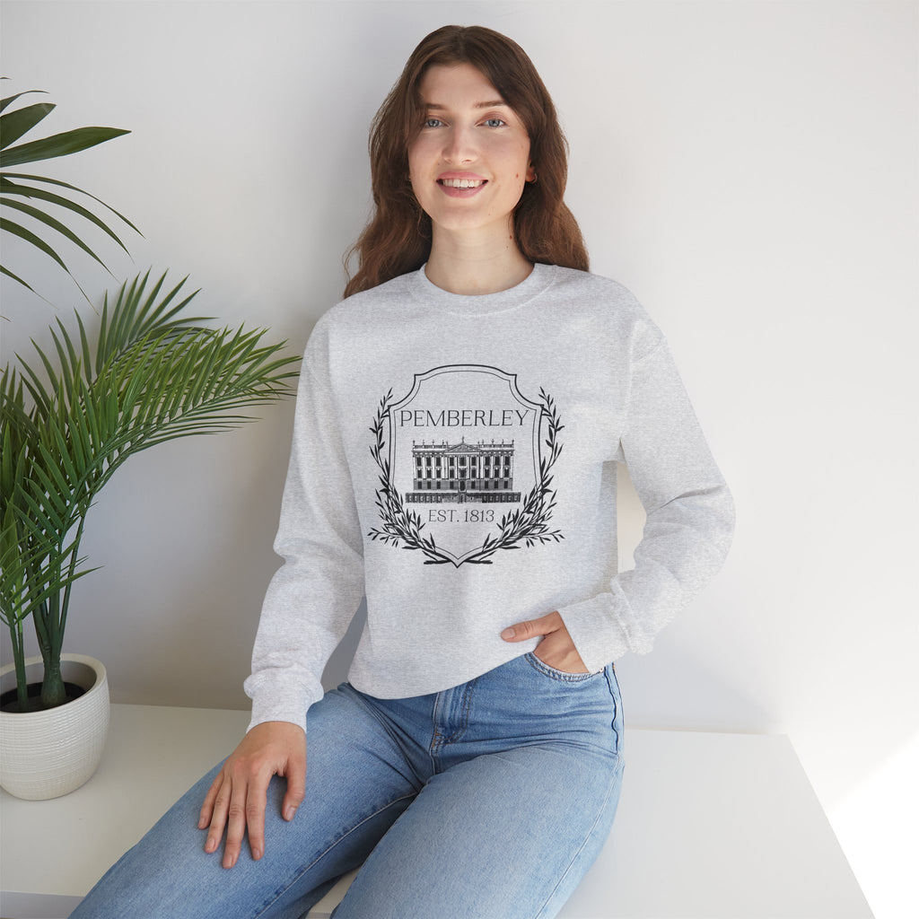 Sweatshirt, Pemberley Dark Crest Sweatshirt, Pride and Prejudice Gift, Unisex Crewneck Jumper, Mr. Darcy's Estate, Regency Literature Top, Book Lover