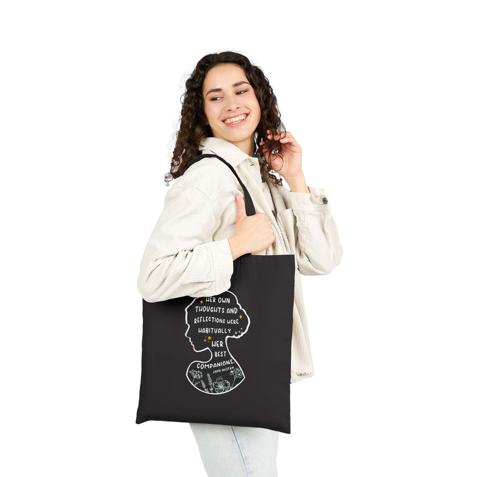 Tote Bag, Jane Austen Silhouette Cotton Canvas Tote Bag - Literary Quote, Book Lovers Gift, Floral Design, Black or Natural Tote, Women's Fashion