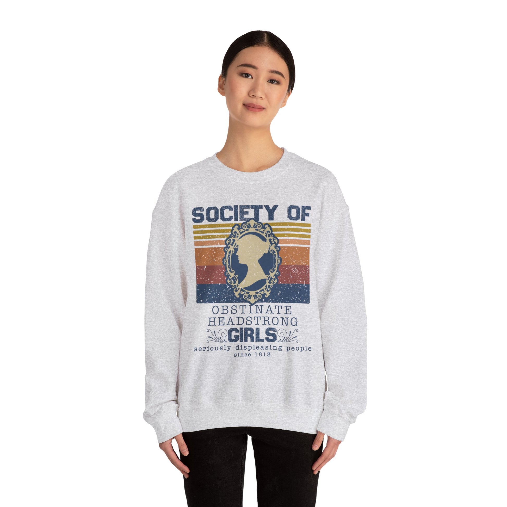 Sweatshirt, Jane Austen Silhouette, Obstinate and Head Strong Girls Crewneck, Gildan 18000, Literary Gift, Author Fan Apparel