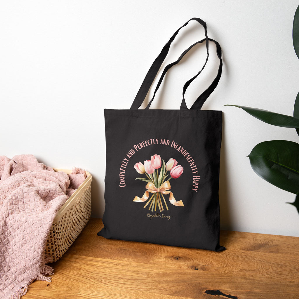 Tote Bag, Literary Quote Canvas Tote Bag, Pride and Prejudice Book Bag, Elizabeth Bennet, Pink Tulip Bouquet, Gold Ribbon, Shopping Bag, Reusable