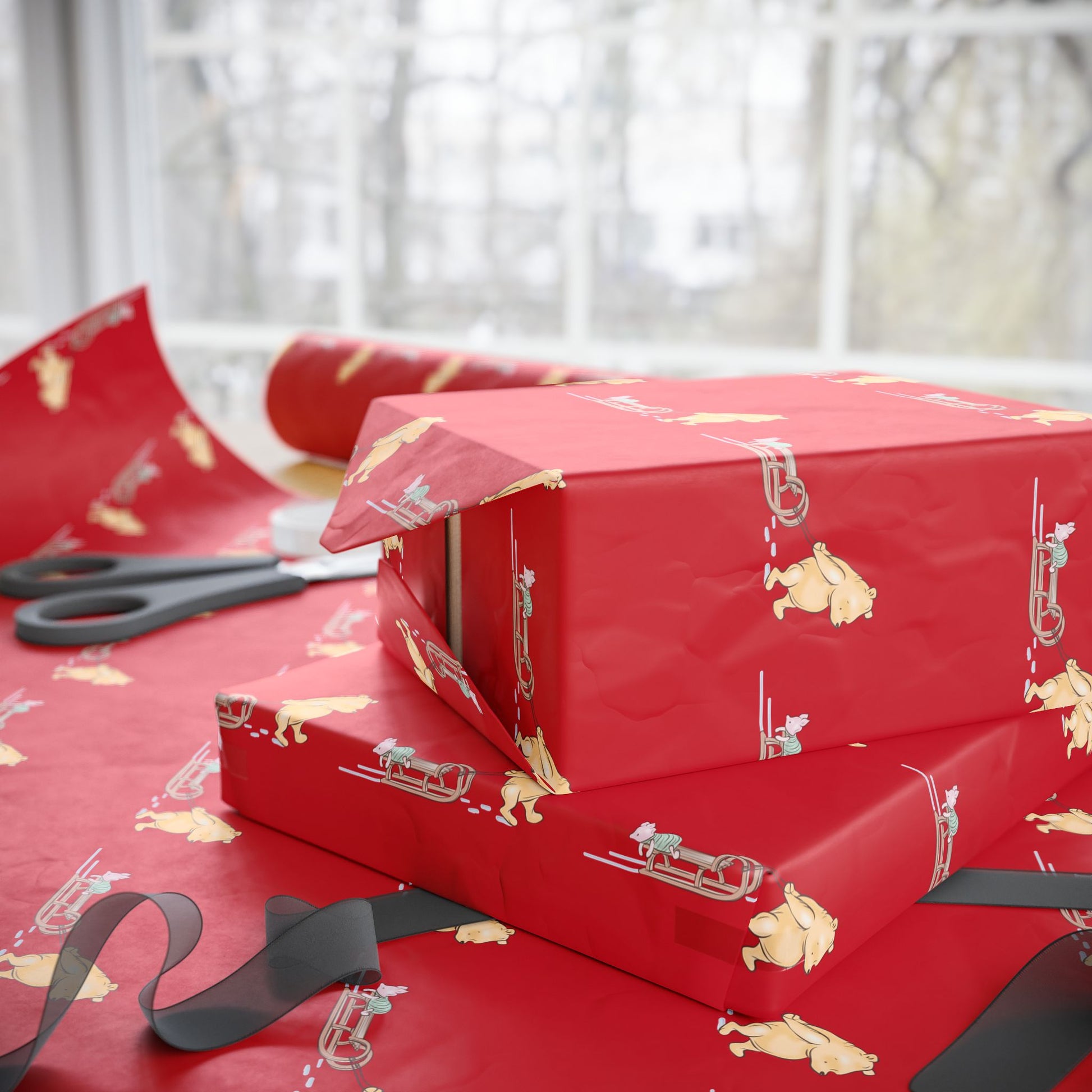Gift Wrap - Classic Winnie the Pooh Deep Red Wrapping Paper Roll of Pooh Pulling a Sled