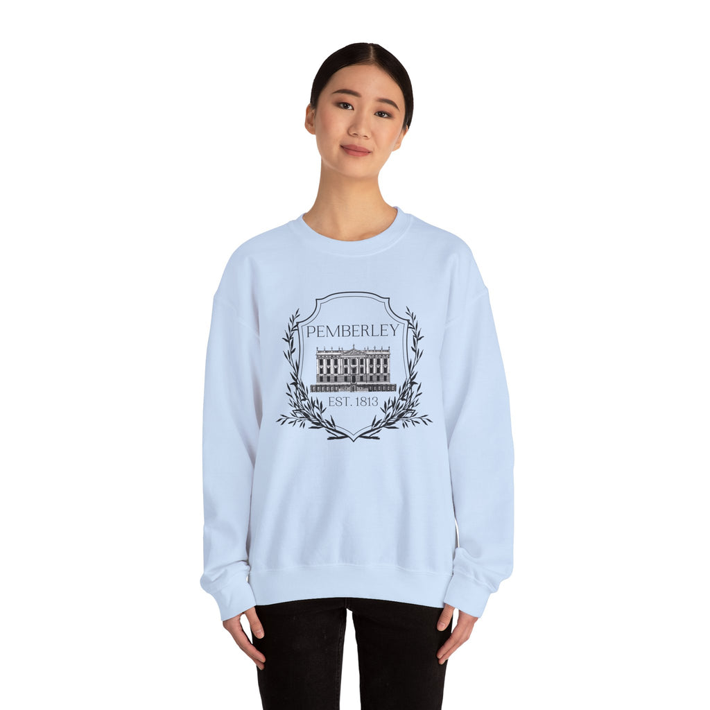 Sweatshirt, Pemberley Dark Crest Sweatshirt, Pride and Prejudice Gift, Unisex Crewneck Jumper, Mr. Darcy's Estate, Regency Literature Top, Book Lover