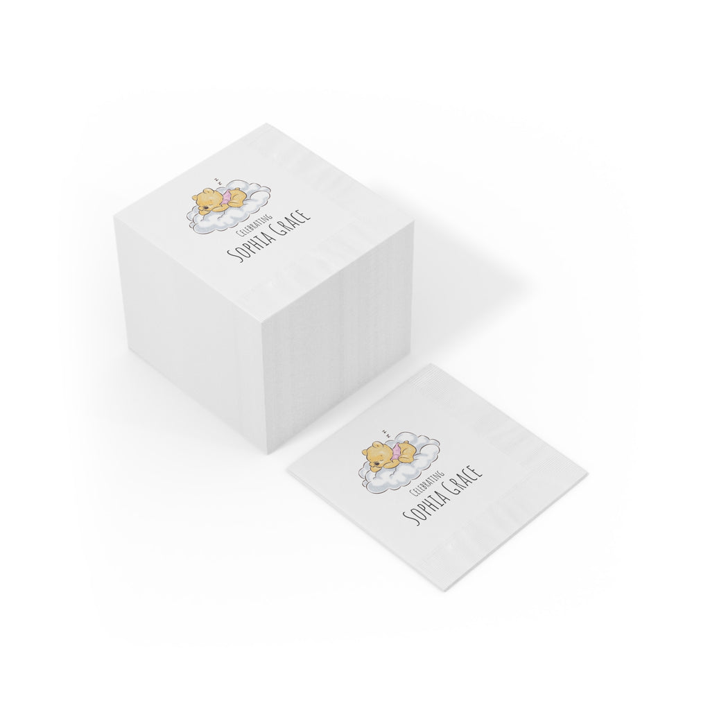 Custom Cocktail Napkins, Classic Winnie the Pooh Baby Personalized Custom, Announcement Birthday Baby Shower, White Coined, Name of Baby