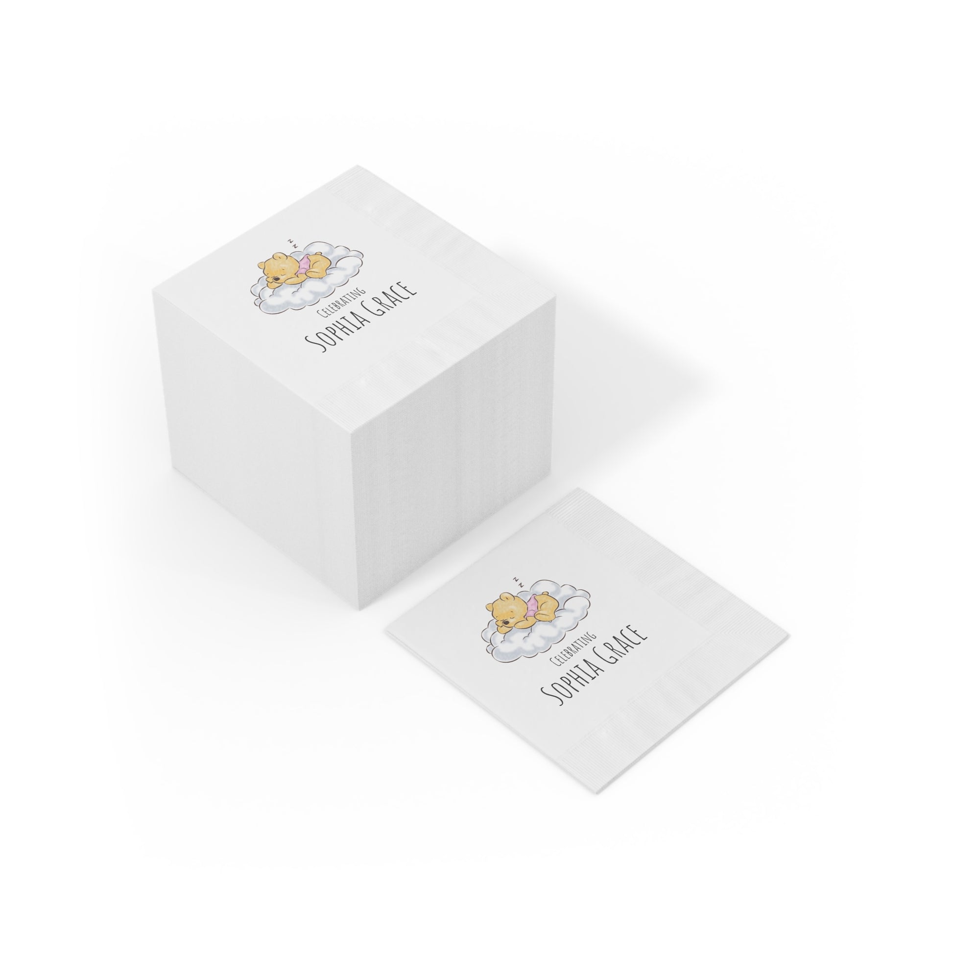 Custom Cocktail Napkins, Classic Winnie the Pooh Baby Personalized Custom, Announcement Birthday Baby Shower, White Coined, Name of Baby