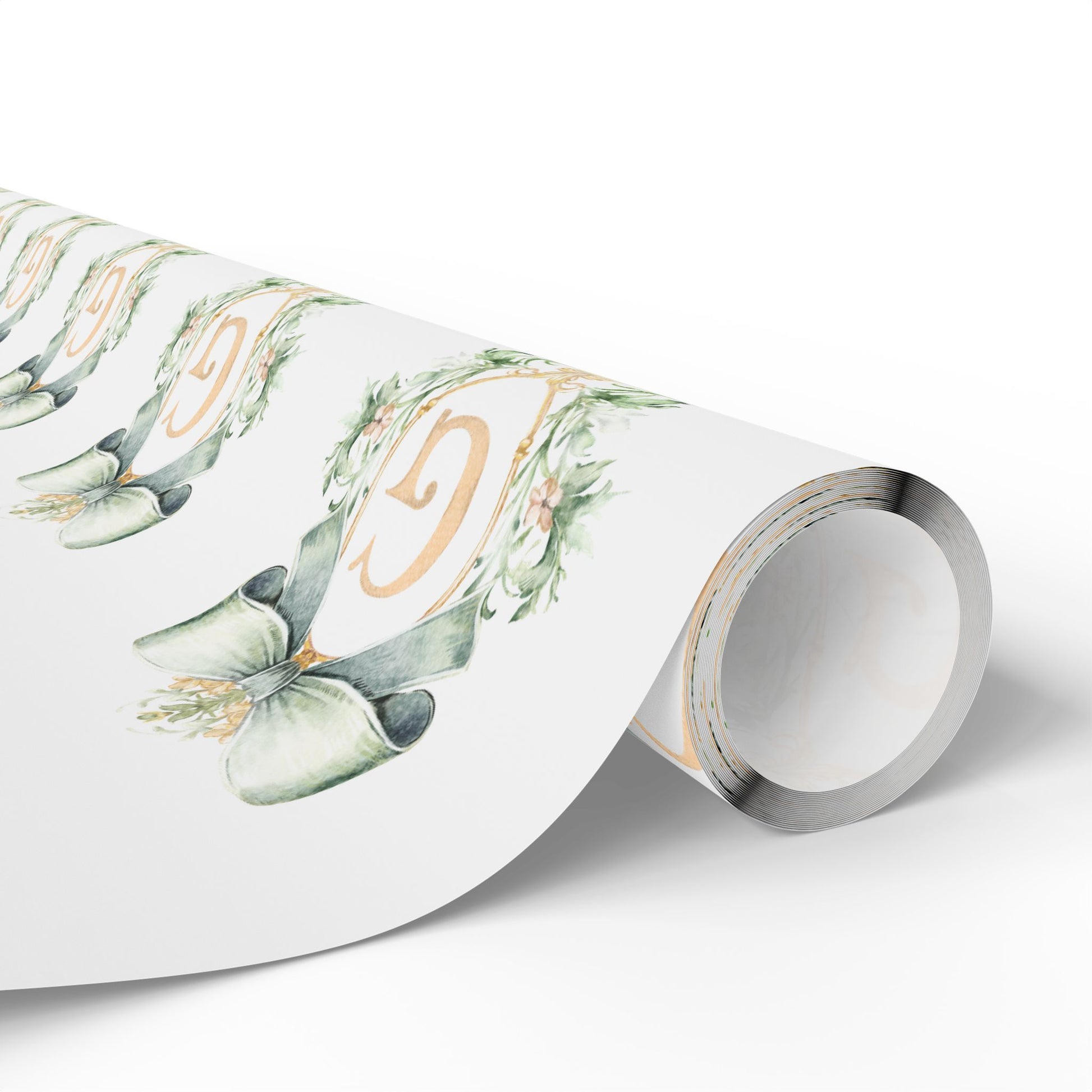 Gift Wrap, Wedding Gift Wrap, Baby Shower Green and Gold Bow Crest with Personalized Initial in Gold Wrapping Paper, Presents, Custom,Bridal