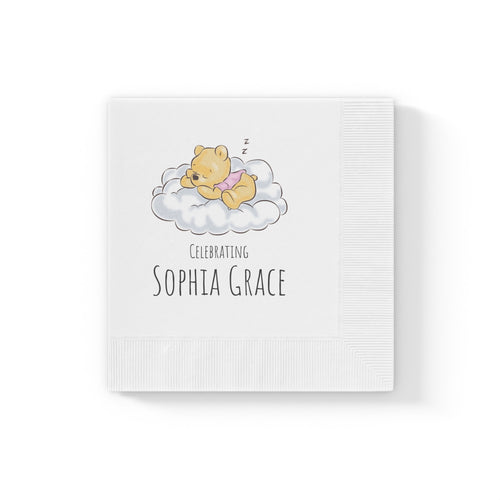 Custom Cocktail Napkins, Classic Winnie the Pooh Baby Personalized Custom, Announcement Birthday Baby Shower, White Coined, Name of Baby