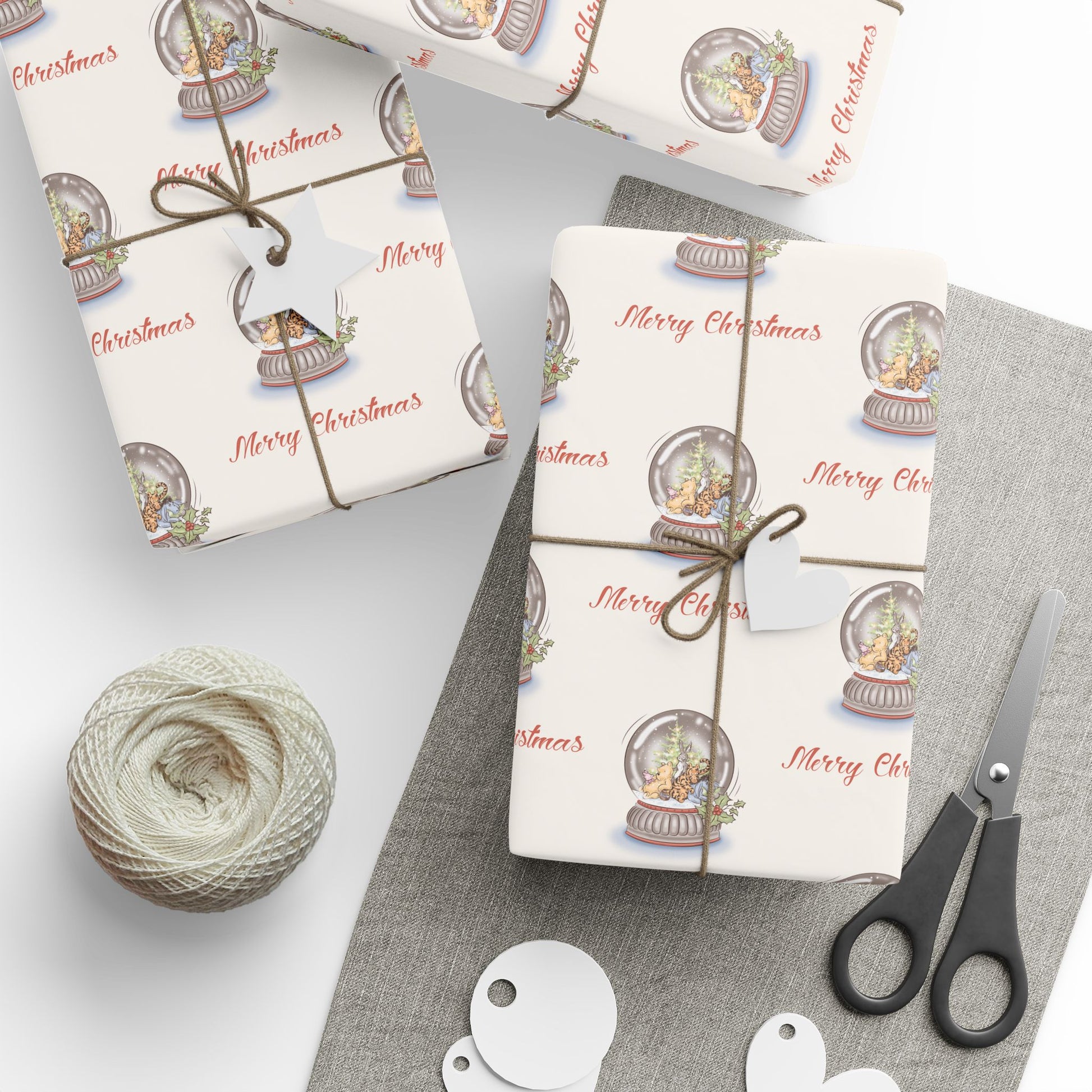 Gift Wrap - Classic Winnie the Pooh Cream Merry Christmas Wrapping Paper with Pooh, Piglet, Eeyore, Kanga, Tigger, and Rabbit in a Snow Globe
