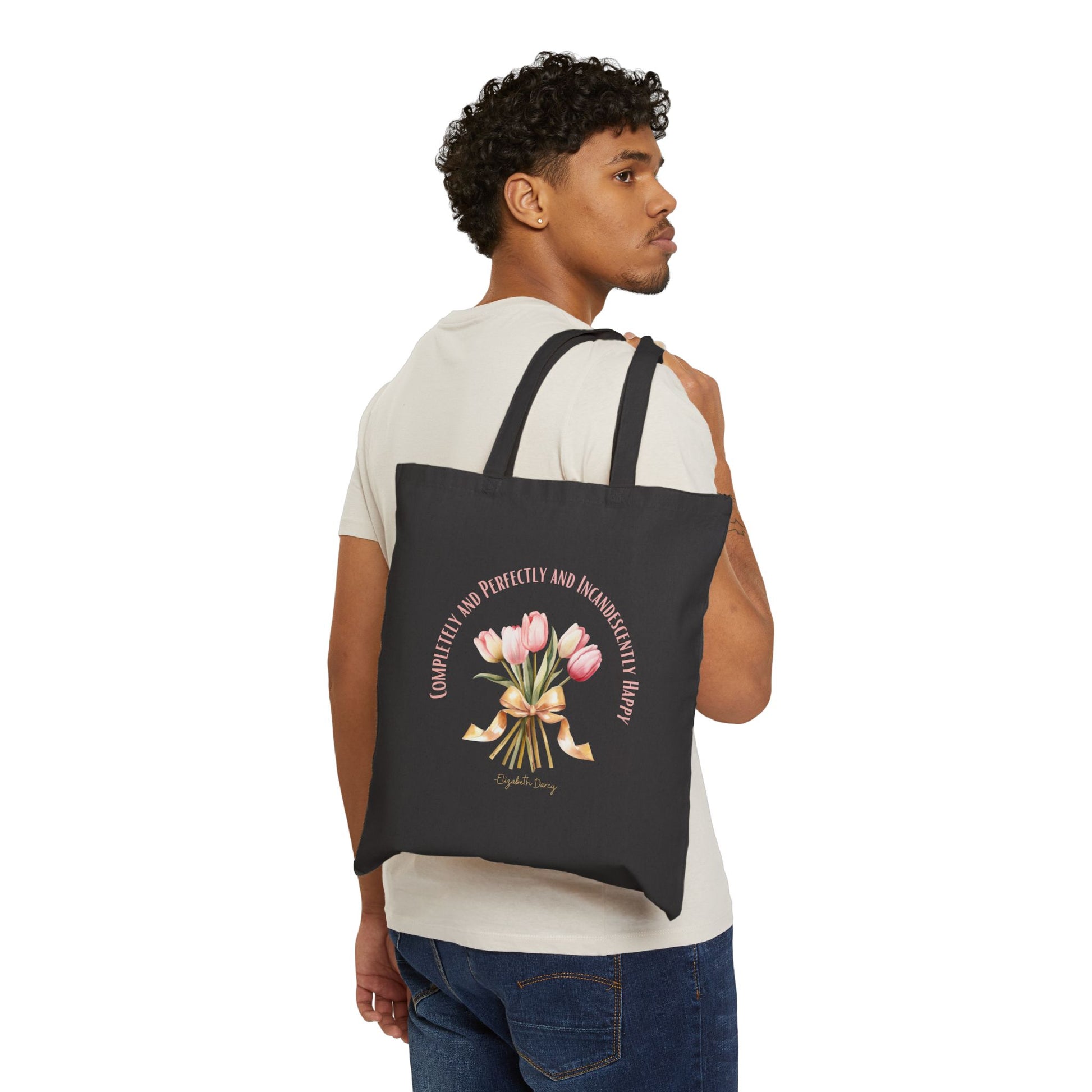 Tote Bag, Literary Quote Canvas Tote Bag, Pride and Prejudice Book Bag, Elizabeth Bennet, Pink Tulip Bouquet, Gold Ribbon, Shopping Bag, Reusable
